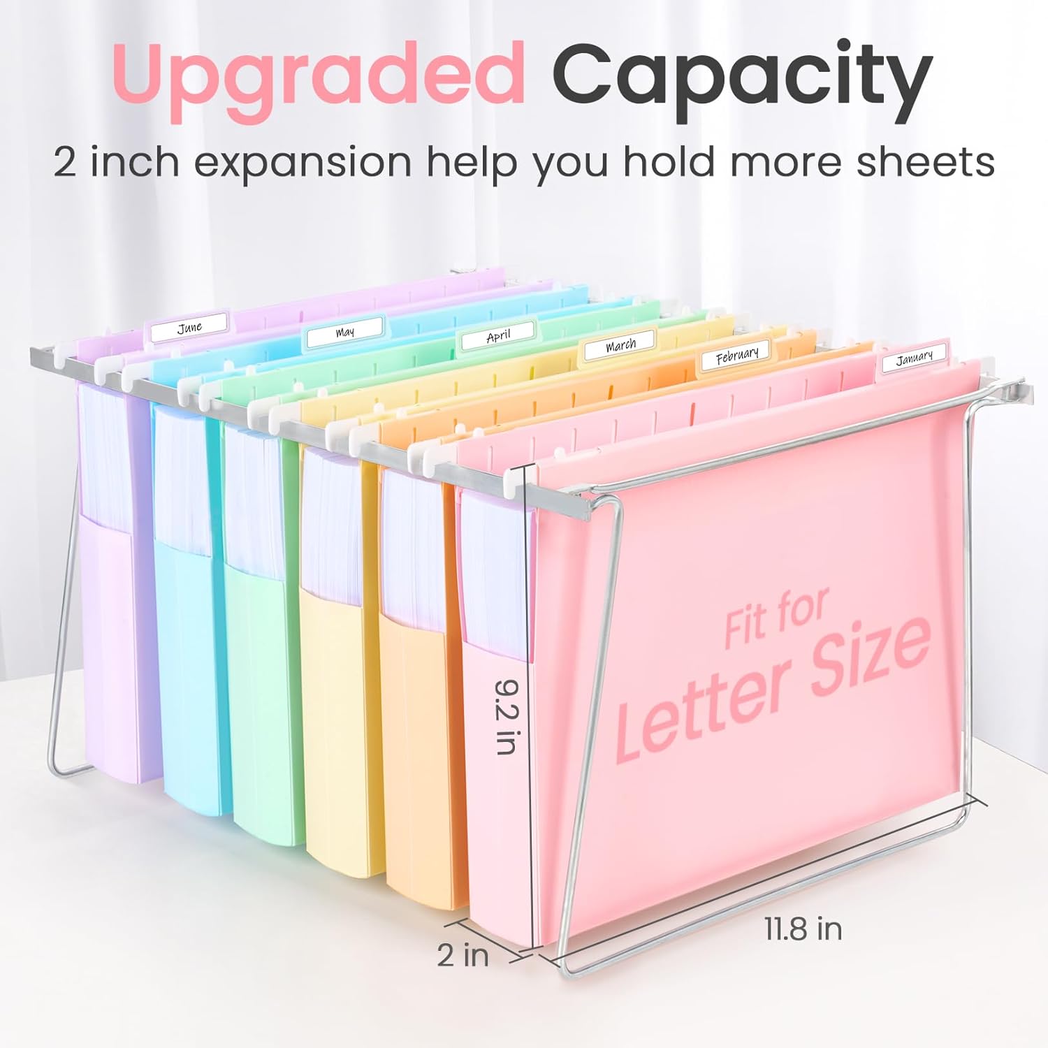 Sooez Extra Capacity Plastic Hanging File Folders, 12 Count Expanding File Folders Letter Size with 2" Expansion, File Organizer with 1/6-Cut Adjustable Tab for File Cabinet, Drawer, Pastels Colors