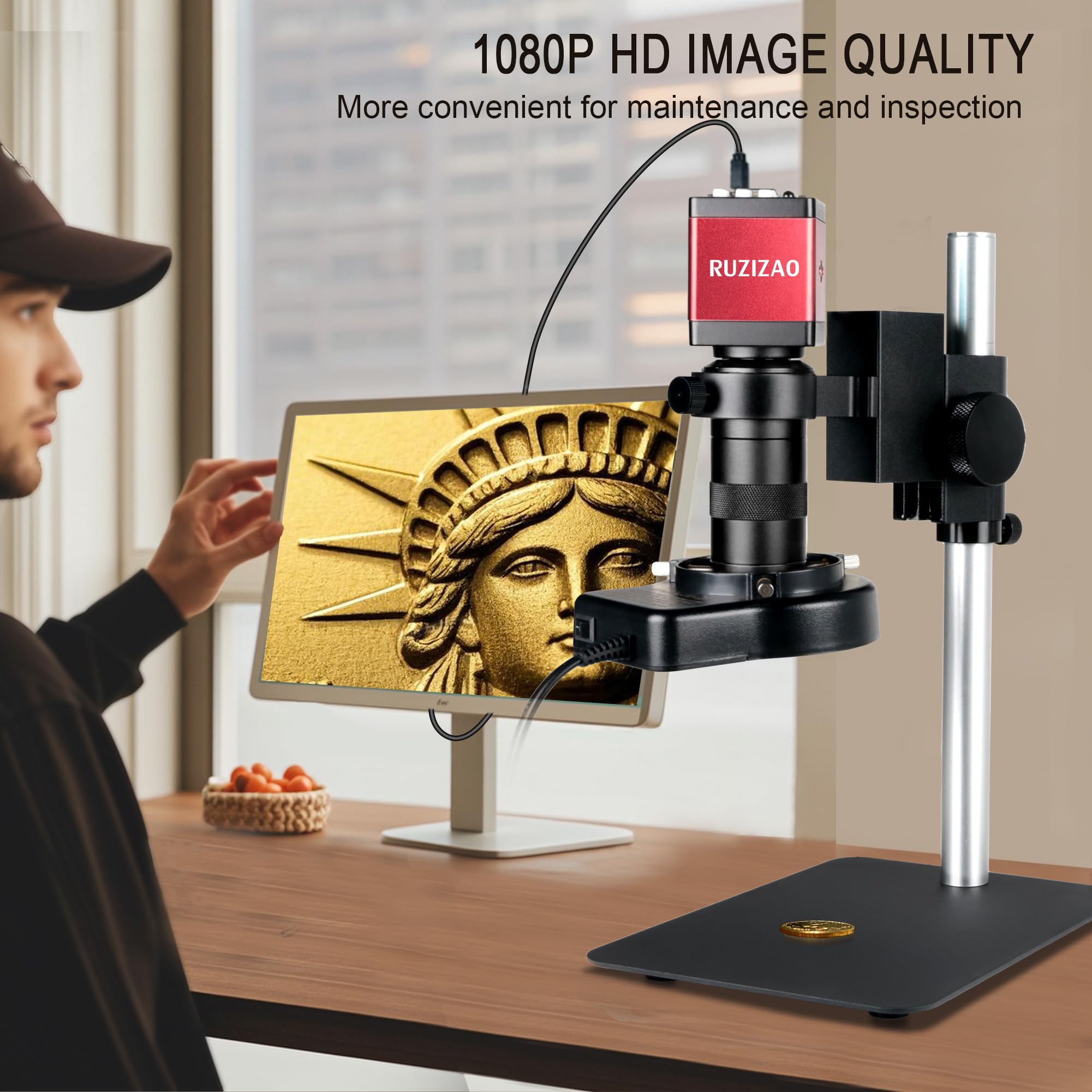 Microscope Numérique HDMI 1080P VGA Caméra avec Objectif Zoom 130X, Lumière LED Annulaire, Base Métallique