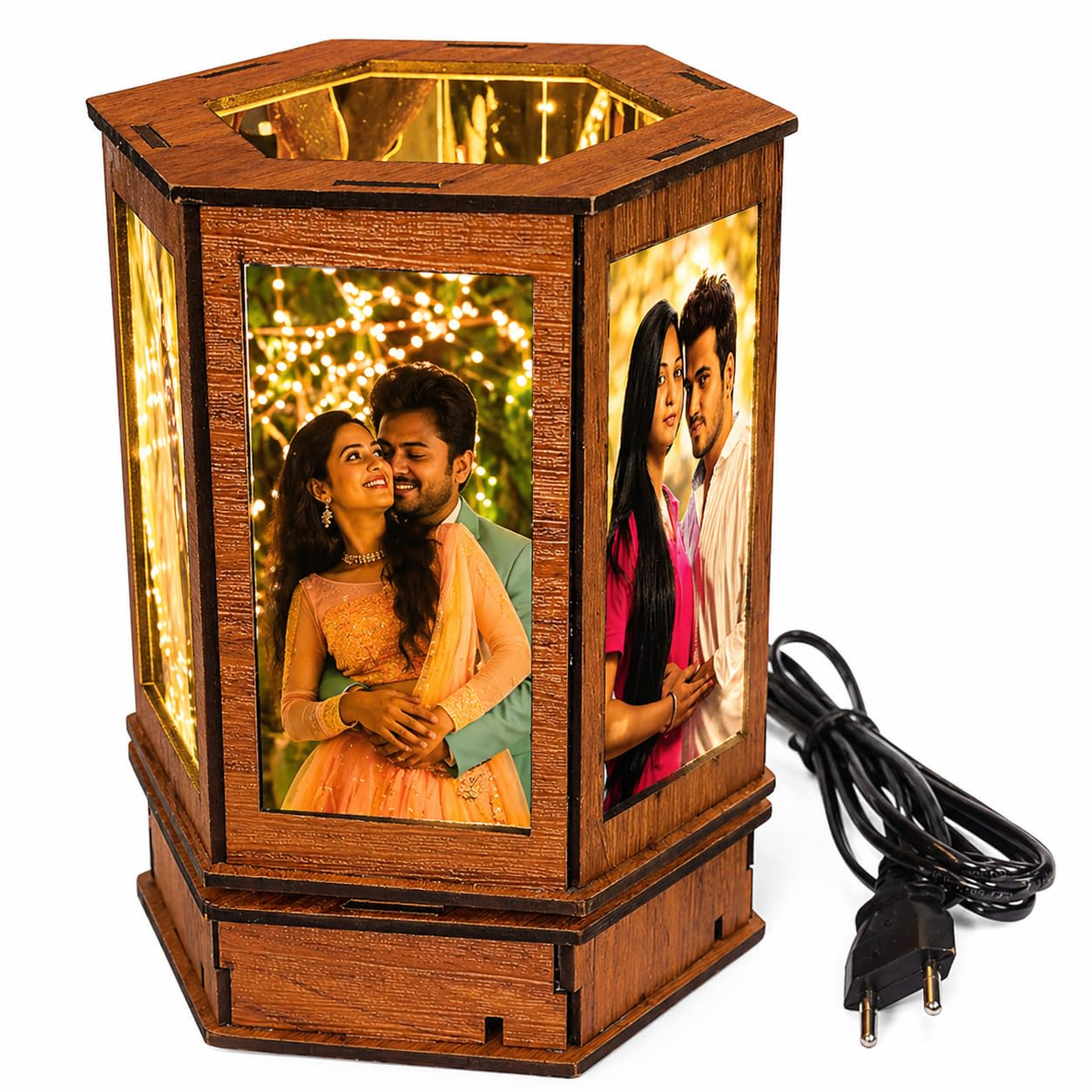 Lucky Gifts Personalized Rotating Led Photo Table Lamp Gift with 7 to 13 Photos - Gift for Valentines Day, Birthday, Anniversary - Brown Wooden Table Lamp-image-45