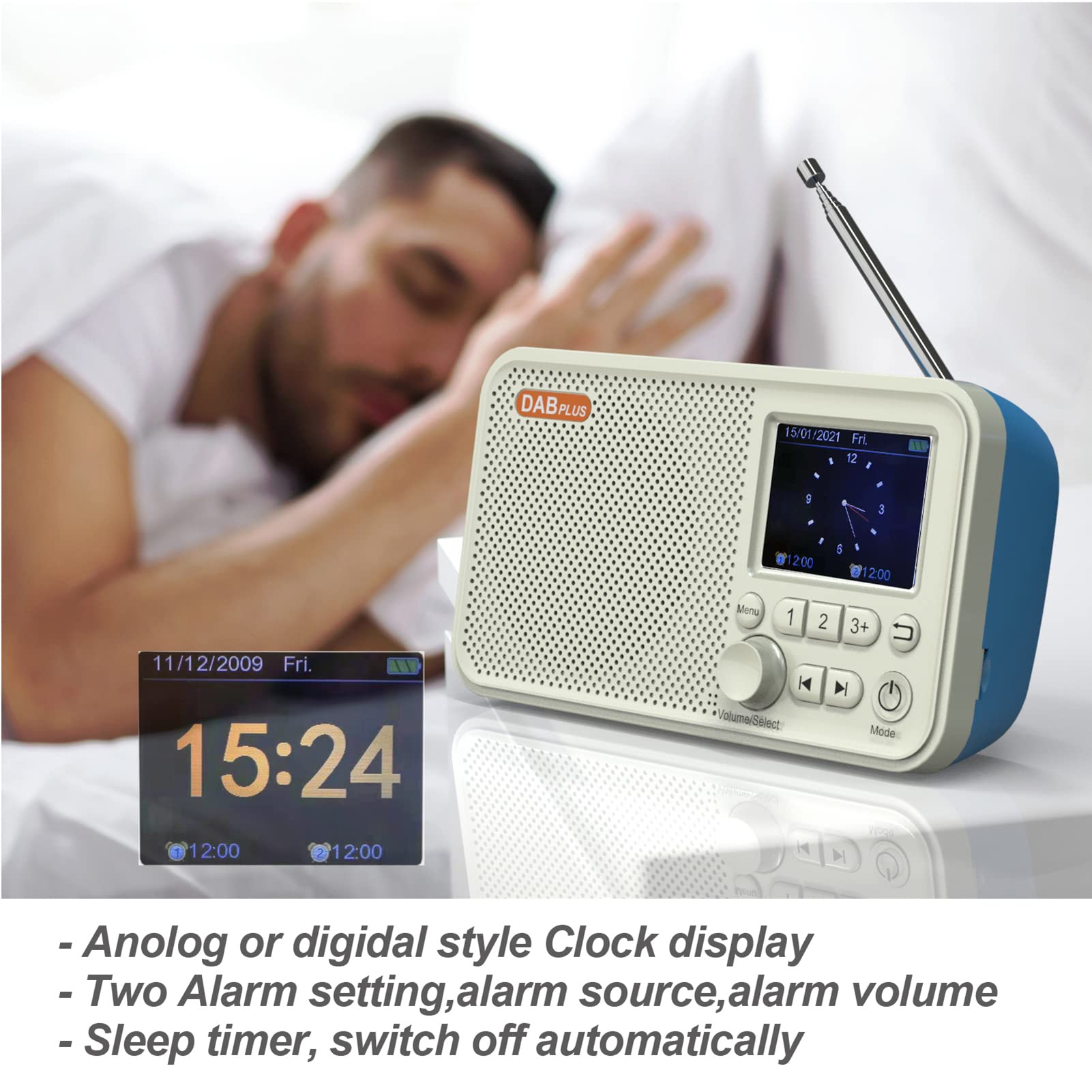 Radio digital AM FM de onda corta, radio de bolsillo portátil recargable de 1800 mAh, sintonizador digital compatible con puerto USB TF, temporizador de apagado y manos libres