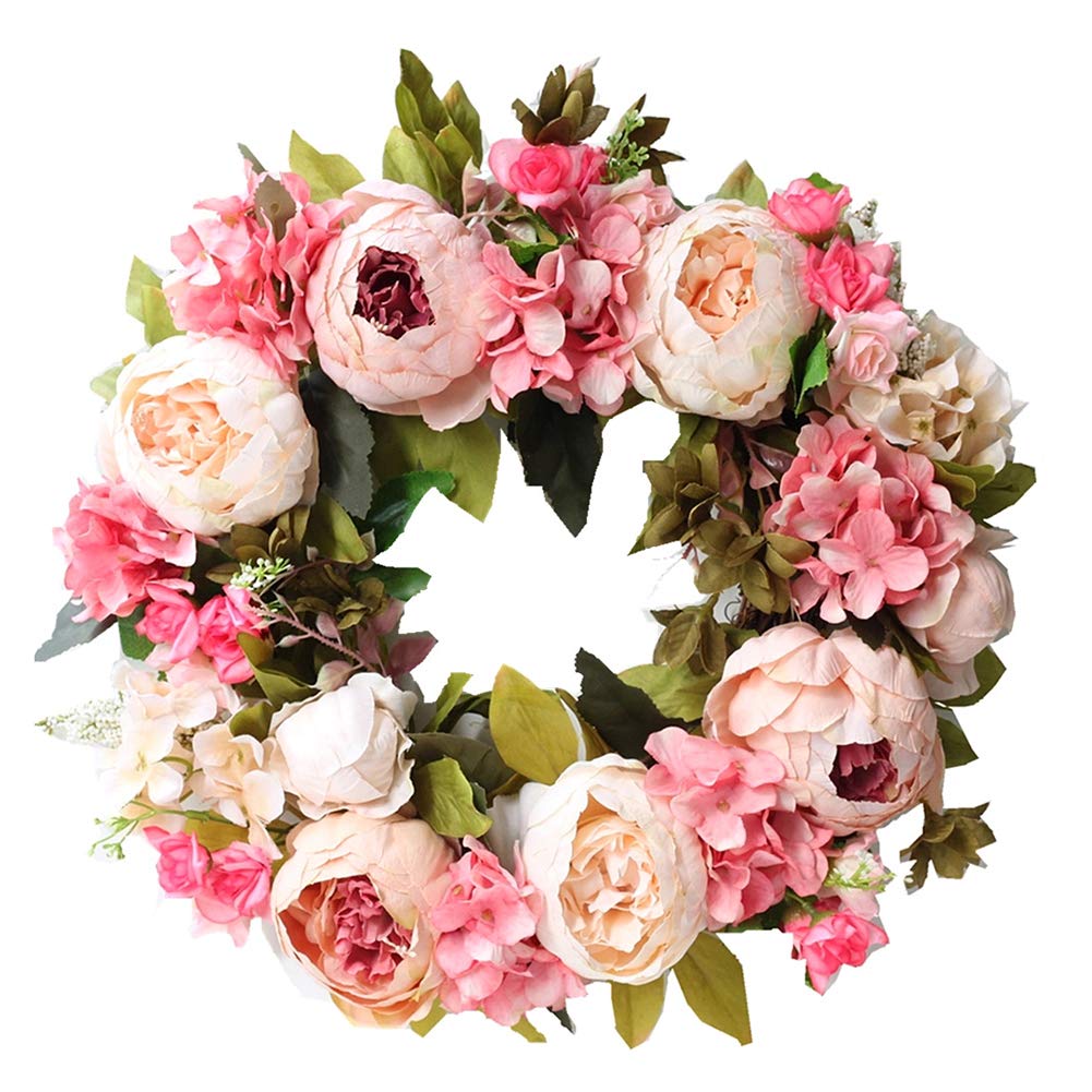 Künstlicher Kranz mit Blumen und Blätter,Dekorativer Wandkranz Türkranz Eukalyptus Künstlich Kunstpflanzen Pflanzengirlande Deko Frühling für Hochzeit Haustür Fenster Kamin Wanddekoration,PPfingstrose