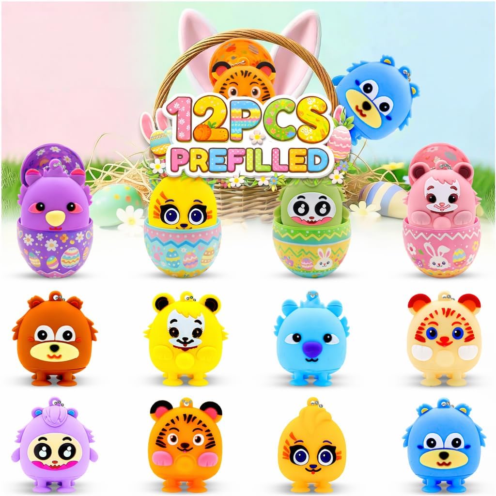 12 Pack Easter Eggs Prefilled with 3D Animal Suction Toys, Fidget Pop Toys for Kids Boys Girls, Easter Basket Stuffers, Goodie Bags & School Classroom Party Favors