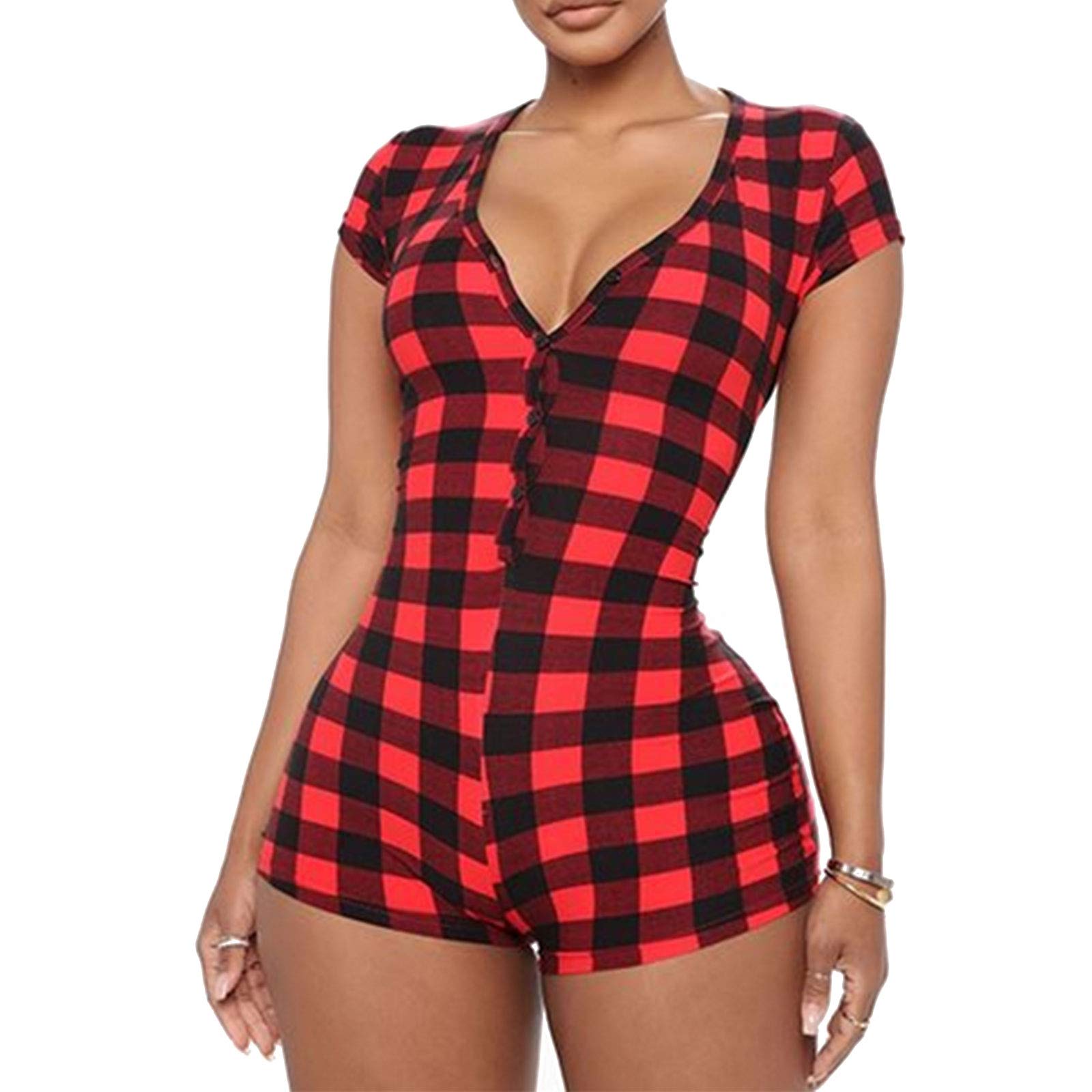 RUEWEYWomen V-Neck Shorts Jumpsuit One Piece Bodysuit Pajama Long Sleeve Bodycon Rompers Overall