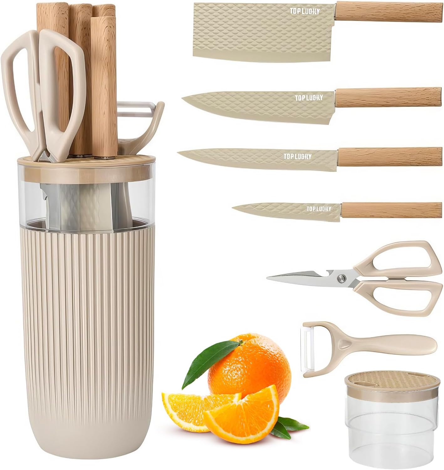 Knife Set, 7 Pieces Professional Kitchen Knife Set with Universal Knife Block, Super Sharp Knife Block Set with Ergonomic Handle Non-stick Stainless Steel Knife Block Set (Beige)