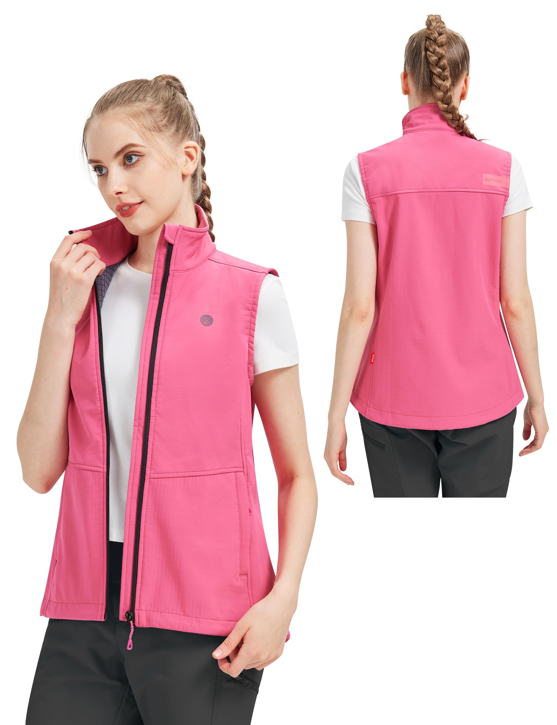 KUTOOK Damen Softshell Weste Leicht Ärmellos 4 Taschen Stehkragen Winddicht Warm Fleeceweste für Laufen Hundesport Golf Wandern Camping HC205