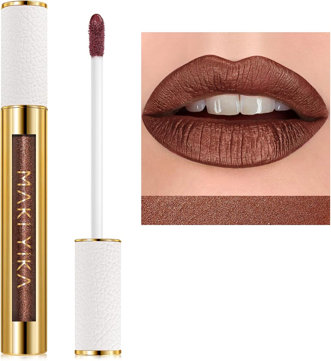 Lápiz Labial Marrón para Mujer Barras de Labios Metálicos Bronce de Larga Duración | Brillo de labios líquido impermeable a prueba de manchas de lápiz labial oscuro con brillo,BR04 después del calor