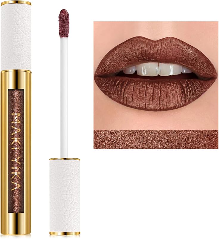 Lápiz Labial Marrón para Mujer Barras de Labios Metálicos Bronce de Larga Duración | Brillo de labios líquido impermeable a prueba de manchas de lápiz labial oscuro con brillo,BR04 después del calor