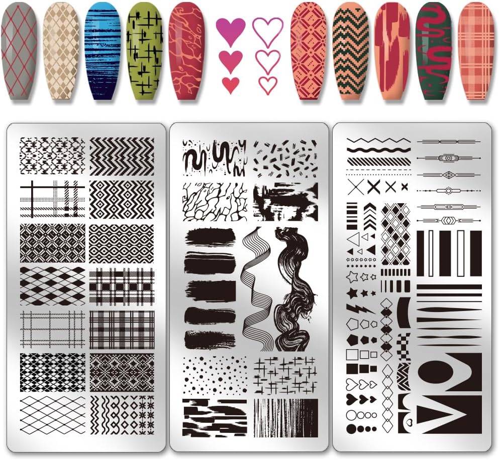PH PandaHall 3pcs Grids Line Nail Stamping Plates Geometric Texture Nail Art Stencils Graffiti Stripe Manicure Art Templates Minimalist Nails Image Plates for Women Manicures DIY Design Print Supplies