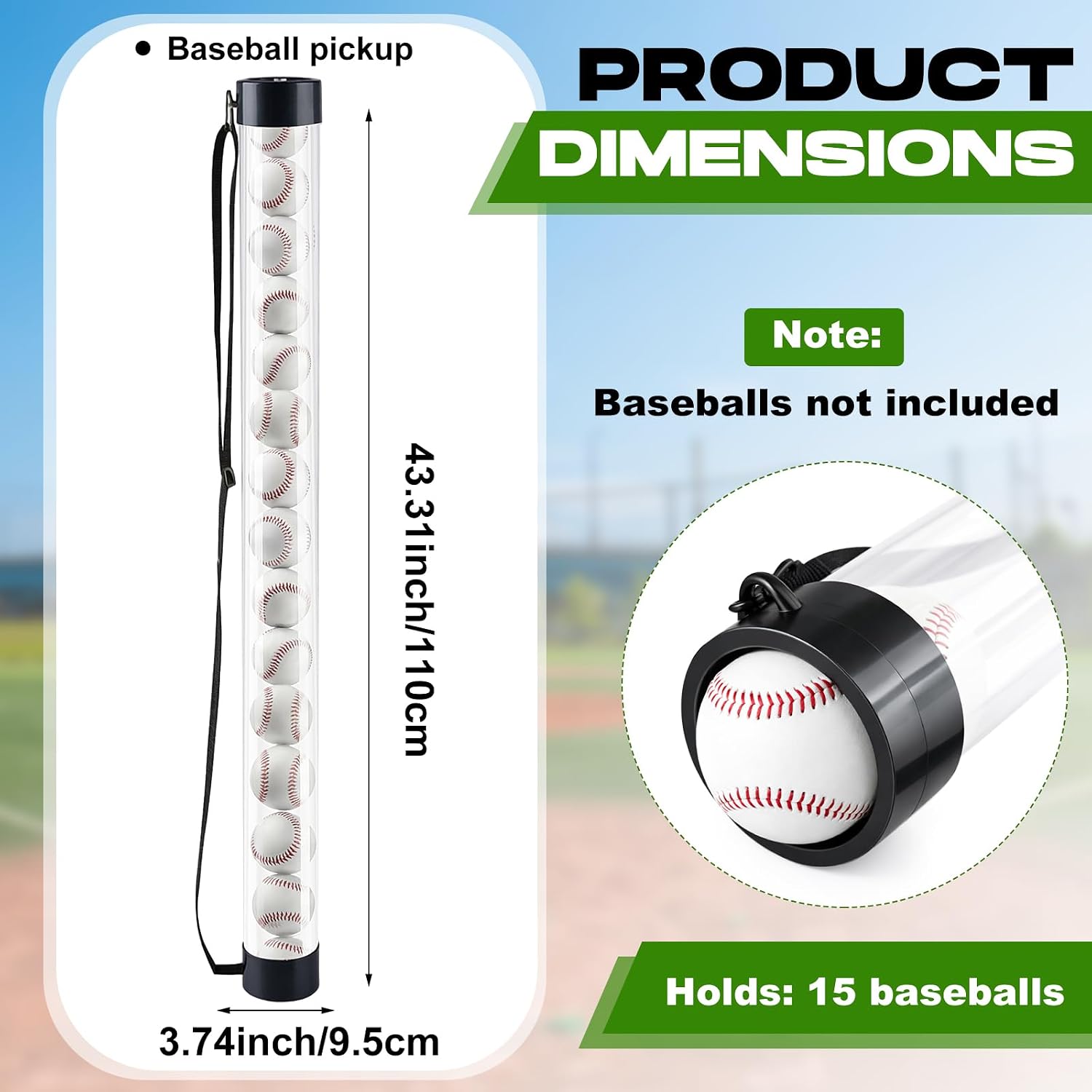2 Pcs 14 Balls Baseball Pickup Tube Holds, Durable Baseball Picker Upper with Shoulder, Quick Pickup & Storage Baseballs Picker Tube with Shoulder for Coaches, Parents and Teams