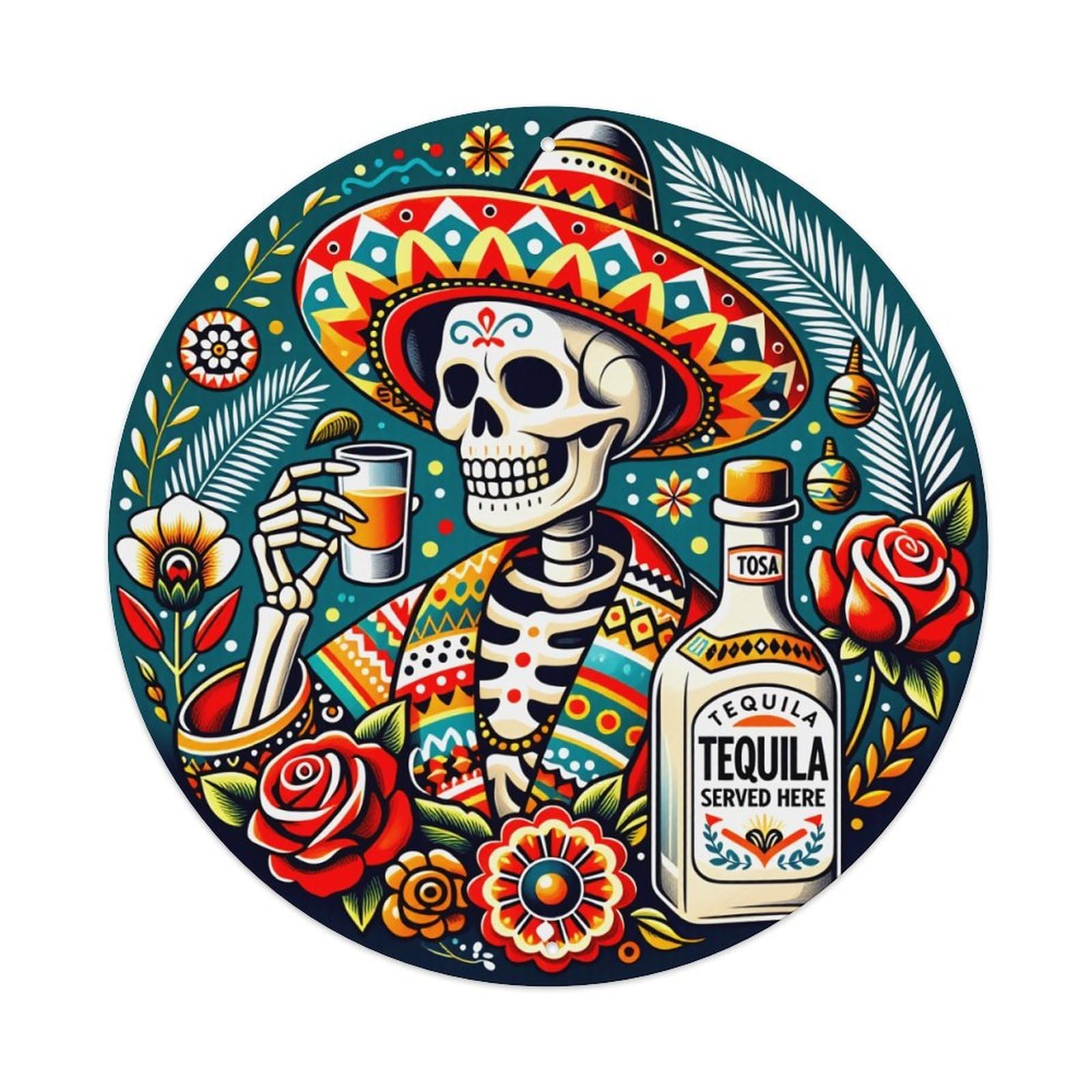 Jdyaojiesheng Vintage Day Of The Dead Tequila- Round Tin Sign Retro Metal Wall Decor Metal Poster, Home Bar Garage Farmhouse Cafe Wall Art Decoration 8X8inches