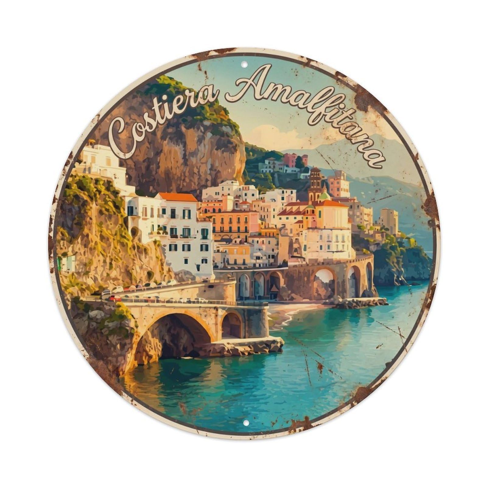 Coastal Amalfi Village Arched Bridge Travel Riviera Panorama Metal Tin Sign Plaque Wall Decor for Cafe, Man Cave, Club Bar, Office, Home Garden Round Metal Poster 8x8Inch