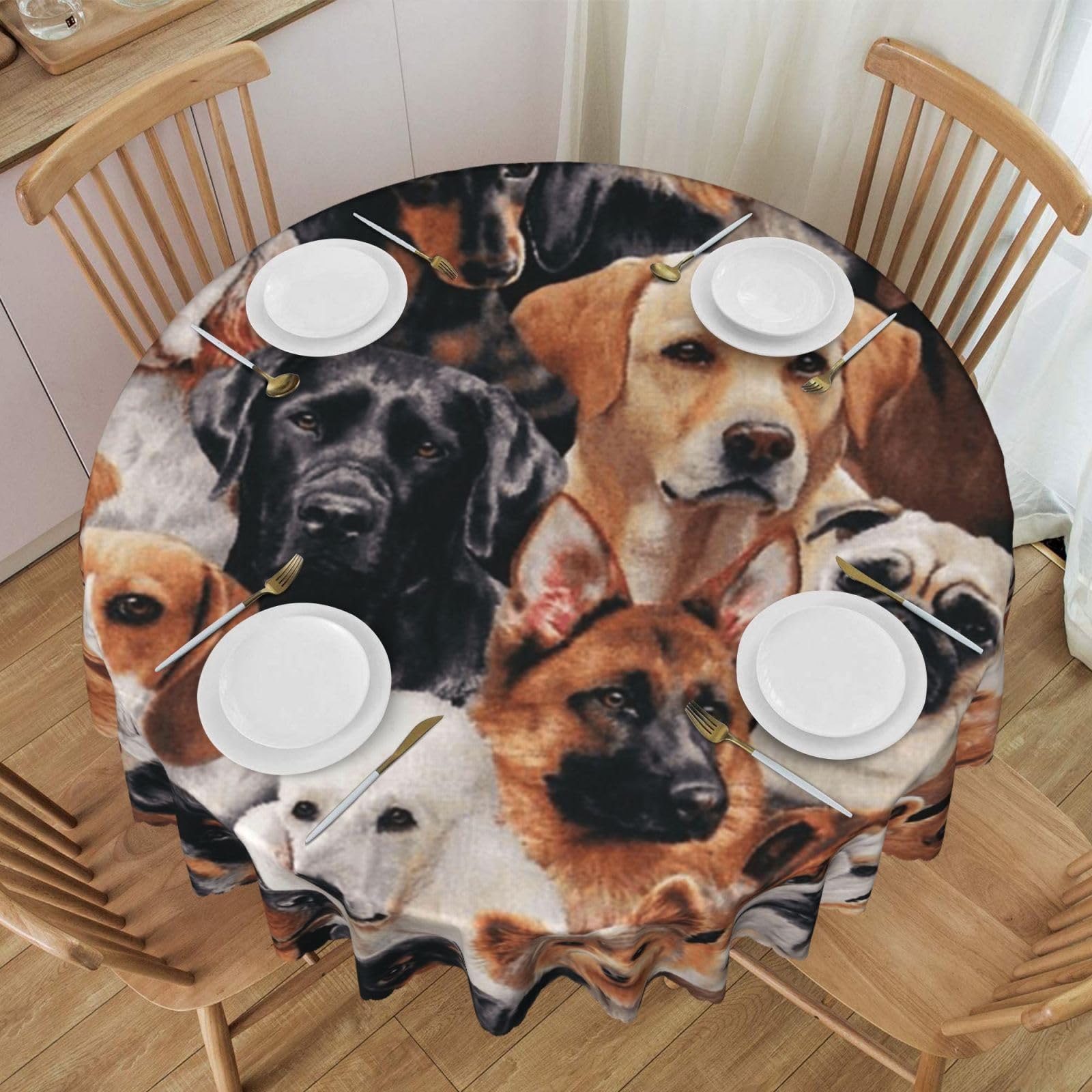 DCEHGEW 60 In Round Tablecloth with Lace, Many dogs Printed Oilproof & Washable Fabric Picnic Table Cloth Table Covers