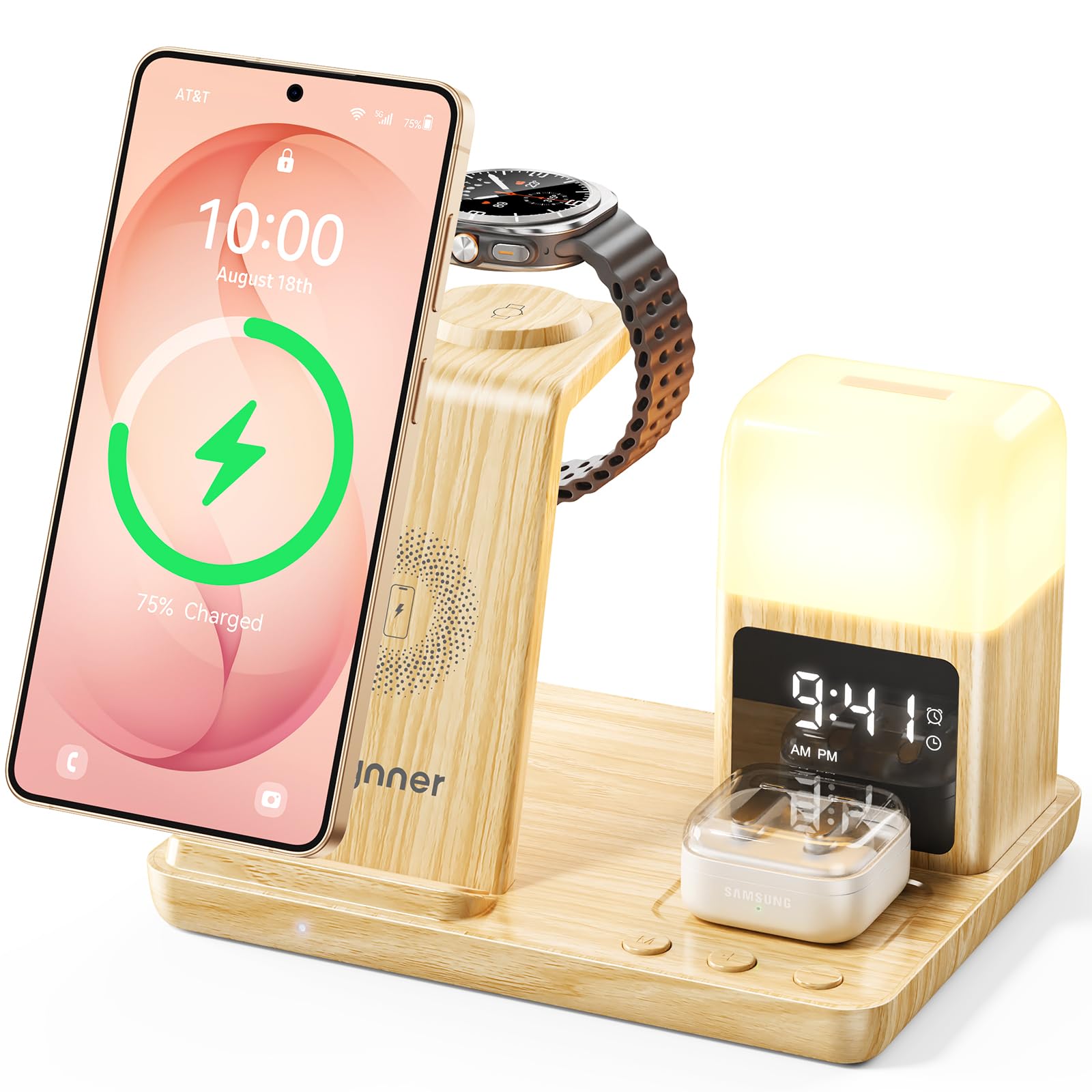 3-in-1 verbesserte kabellose Ladestation für Samsung mit Wecker und 3-farbigem Licht, 15 W Schnellladegerät für Galaxy S25, S24 Ultra Fold6/5 Galaxy Watch Ultra/6/5 Galaxy Buds (45 W Adapter im