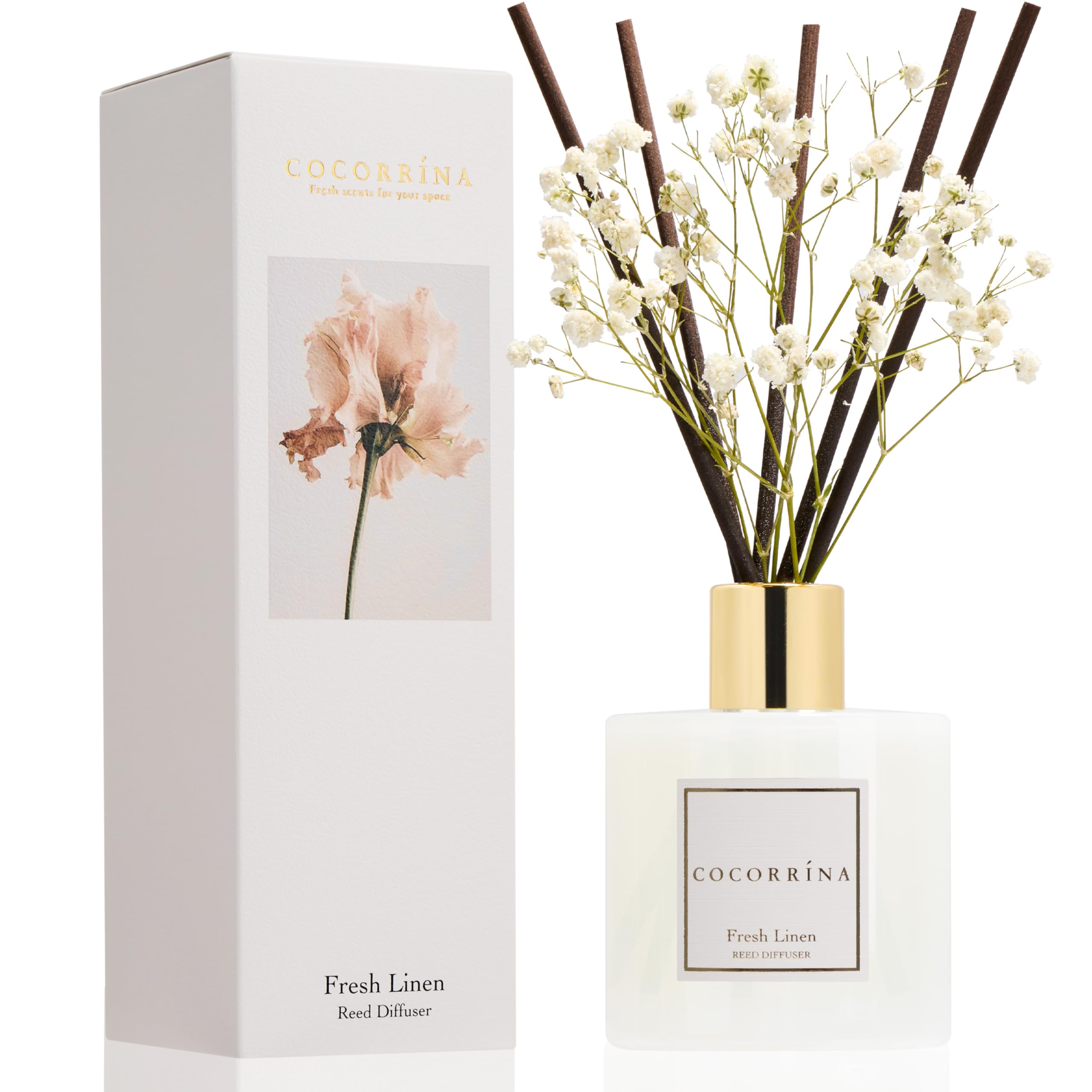 COCORRÍNA Reed Diffuser - Fresh Linen 6.7 fl oz Reed Diffuser with Sticks, Home Bedrrom Bathroom Shelf Decor