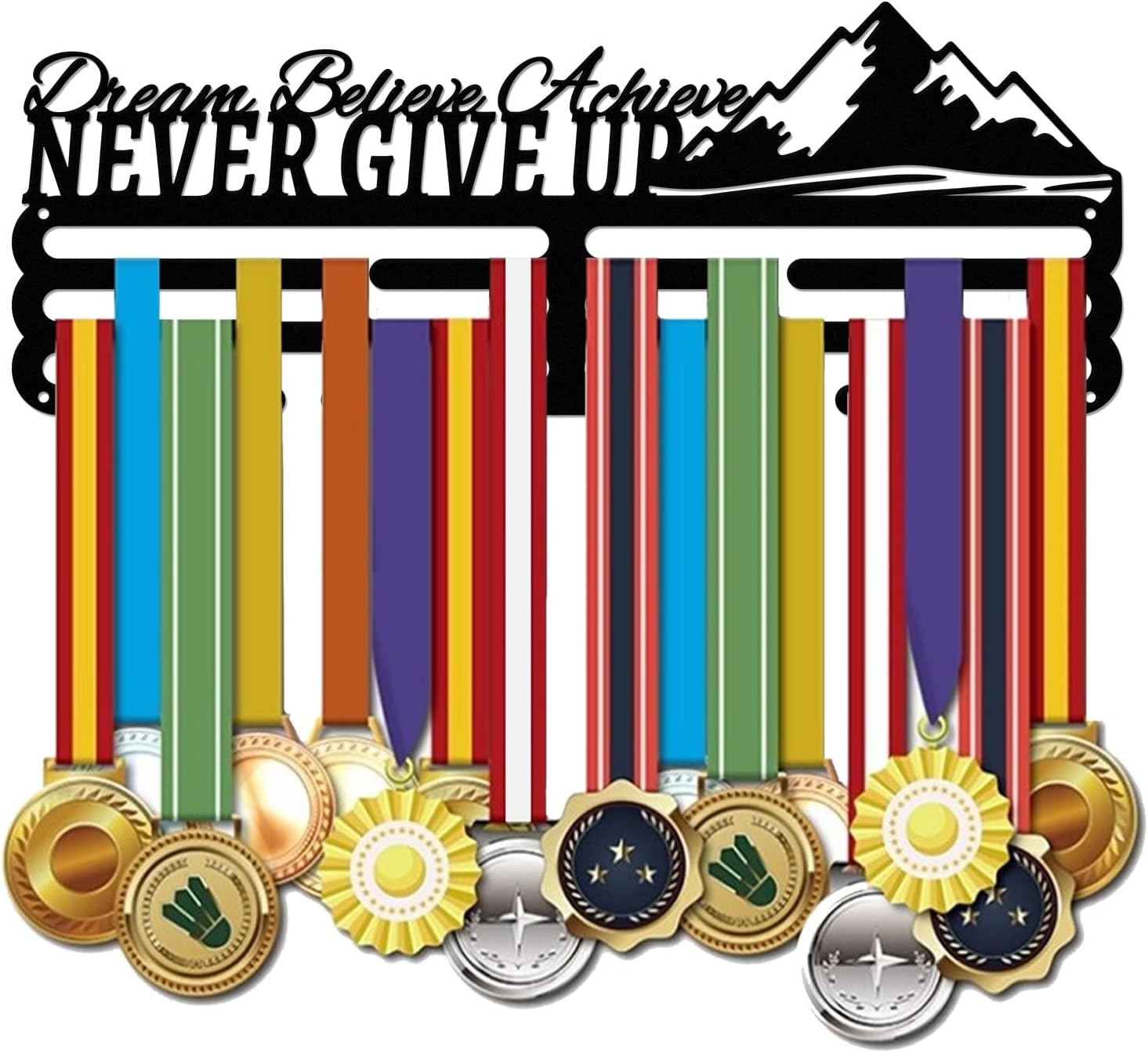 SUPERDANT Running Medal Hanger Display Sports Competition Medal Holder Motivational Never GIVE UP Hook for 60+ Medals Black Iron Wall Mounted Hooks Sports Medal Hangers Racks Bib Ribbon Holder