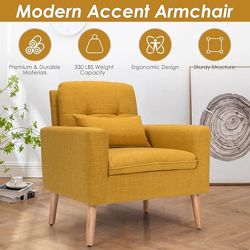 Miniatura 6 de KOMFOTT Sillón decorativo copetudo, moderna silla de ocio con almohada de cintura, respaldo cómodo y reposabrazos ergonómico, tela transpirable y