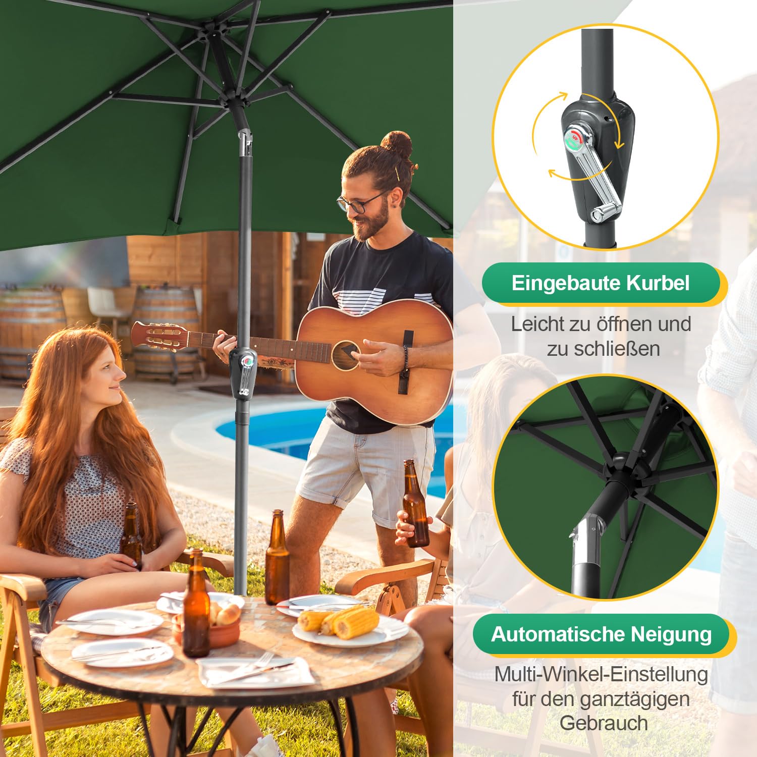 Parasol 1,4x2,1/2x3 m, UV50+, Parasol z korbą i regulacją pod kątem 30°, 160g/m² poliestru, bez podstawy, duży parasol z korbą do basenów, balkonów i ogrodów, z LED/bez LED