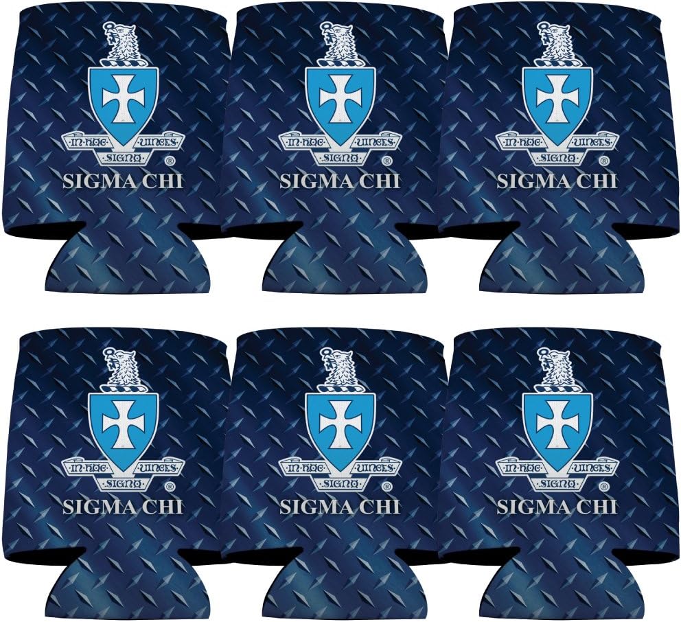 VictoryStore Sigma Chi Can Coolers – Set of 6 Beverage Sleeves – Diamond Plate Design – Full-Color, Foldable, Insulated Coolies – Fits 12–16 oz Cans & Bottles – Greek Life Party Favors
