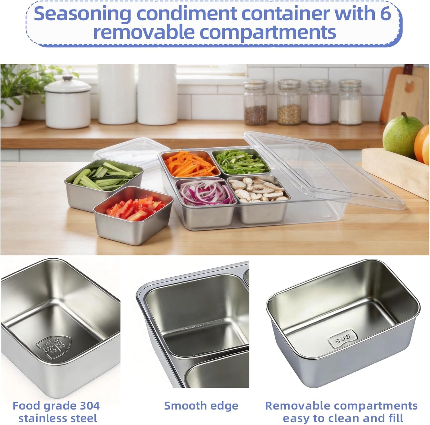 MOLIGOU Stainless Steel Seasoning Box with Lids and Sporks, 6 Compartments Condiment Container, Spice Organizer Box for Kitchen