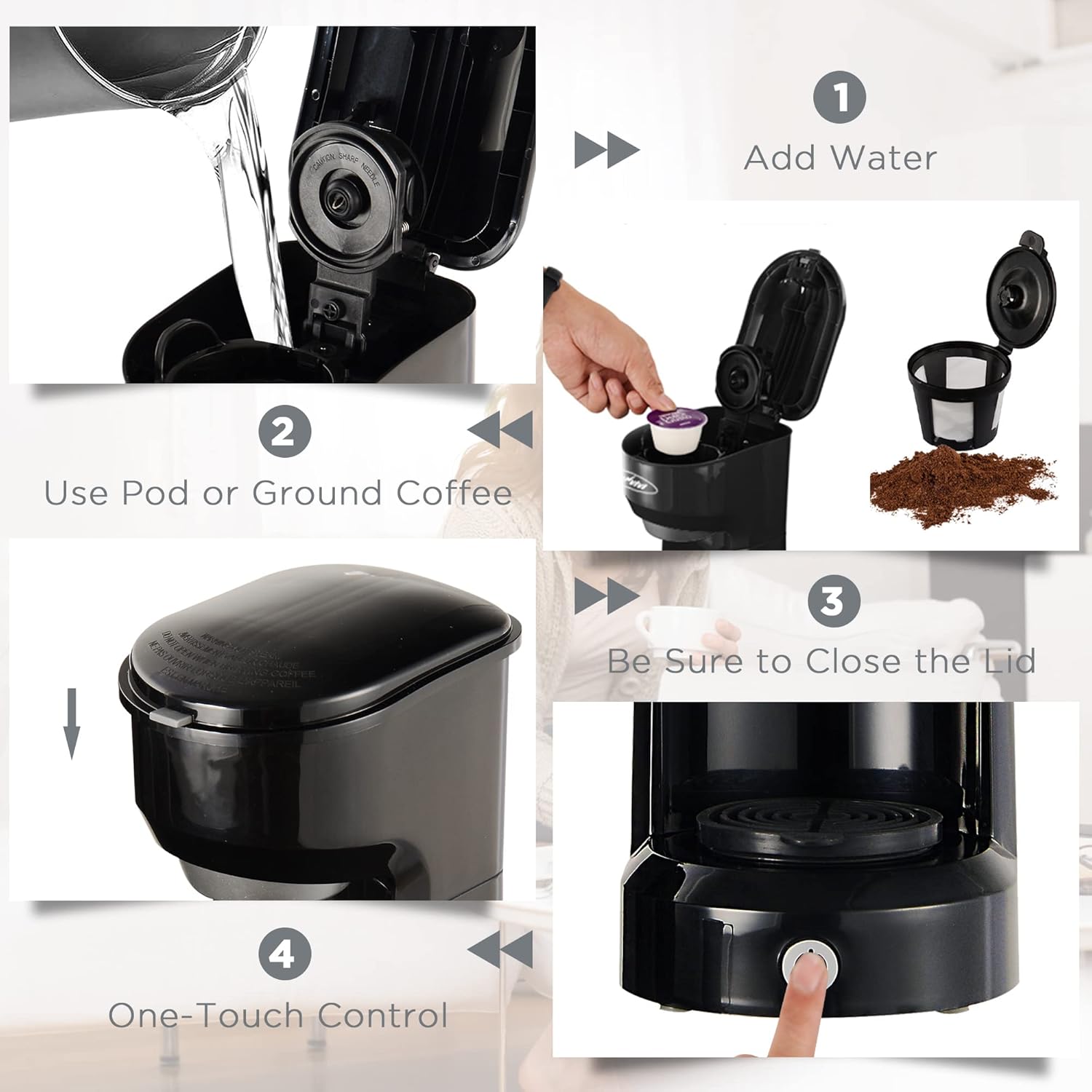 Single Serve Coffee Maker for Single Cup Pods & Ground Coffee, 2 in 1 One Serve Coffee Brewer With Permanent Filter,One-touch Control Button with Illumination (Black) ETL Certified1