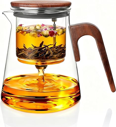 ZENS Magnetic Tea Pot, Enchanted Glass Teapot with Infuser and Magnetic Suction Lid for Mess-Free Loose Tea Diffusers, Walnut Wood Handle, Tea Lovers Gifts