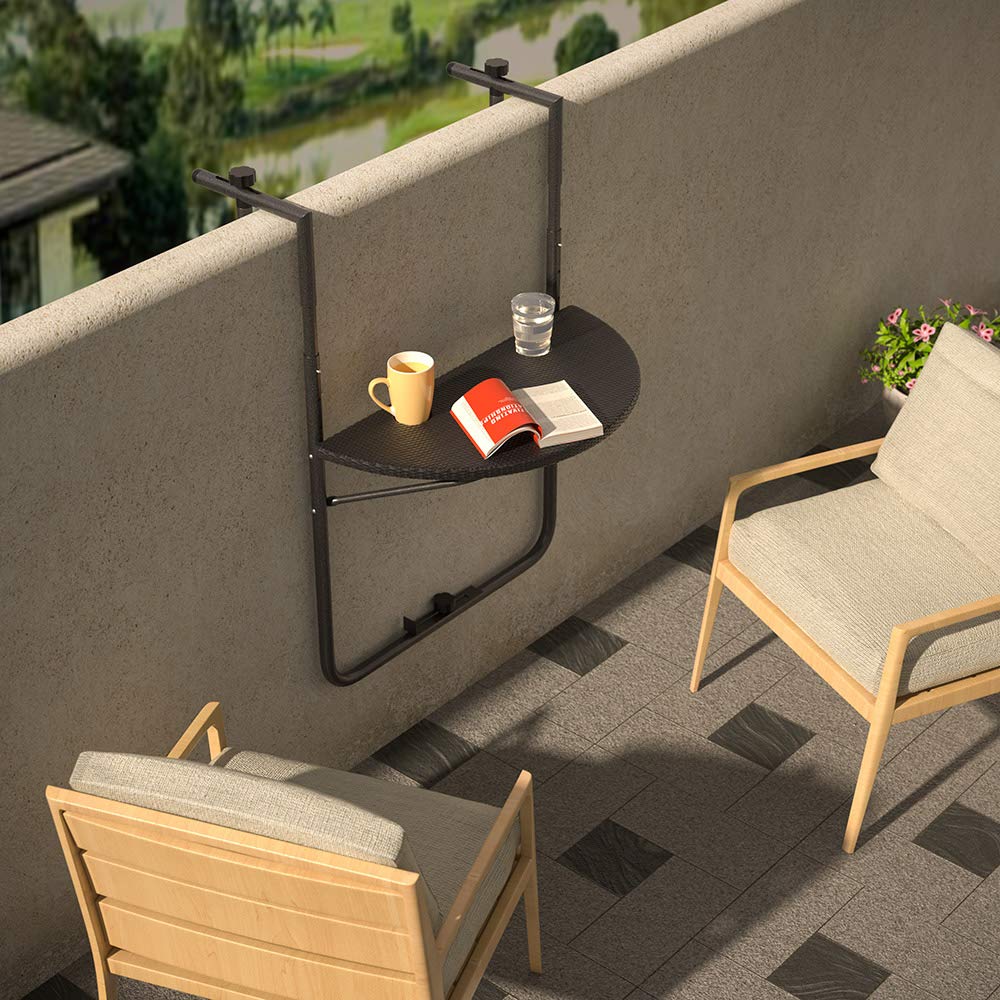 BAKAJI Tavolo Pieghevole da Ringhiera Esterno Balcone Altezza Regolabile Metallo Polyrattan Portabicchieri 60x64cm Nero