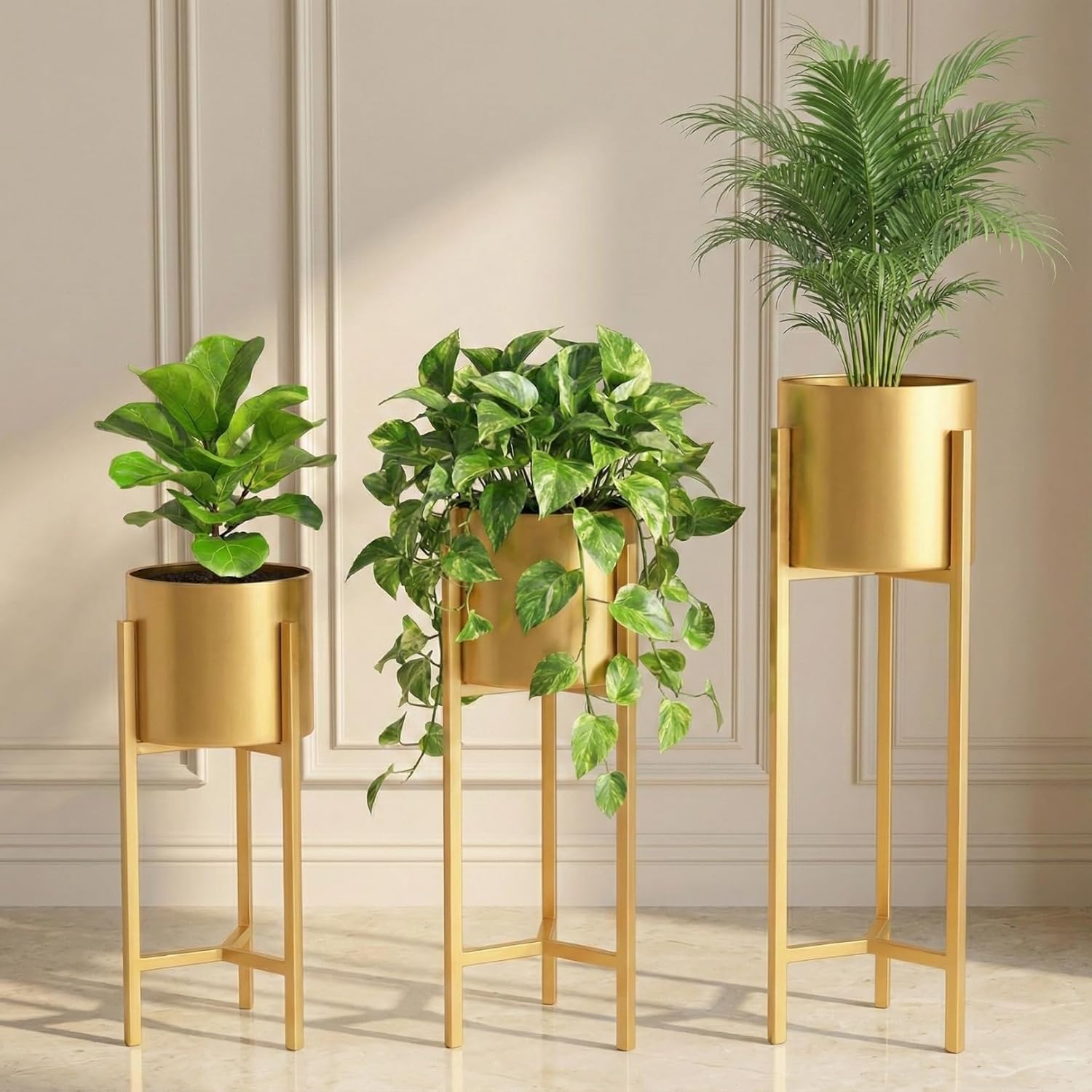 Golden Metal Flower Plant Pots Set of 3, Tall Indoor Self Watering Rust-Free Planters with Stand for Living Room, Bedroom, Home Decor-image-38