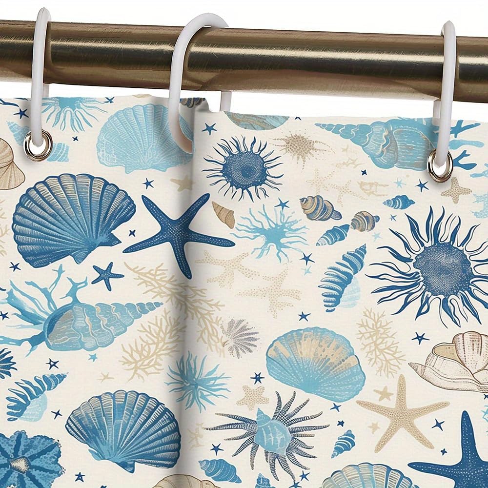 Duschvorhang „Unter dem Meer“ mit Muschel- und Seesternmotiv, Ozean-Print, Polyester, 3D-Digitaldruck, Badezimmervorhang mit Haken (180 x 300 cm / 71 x 118 Zoll (B x H))
