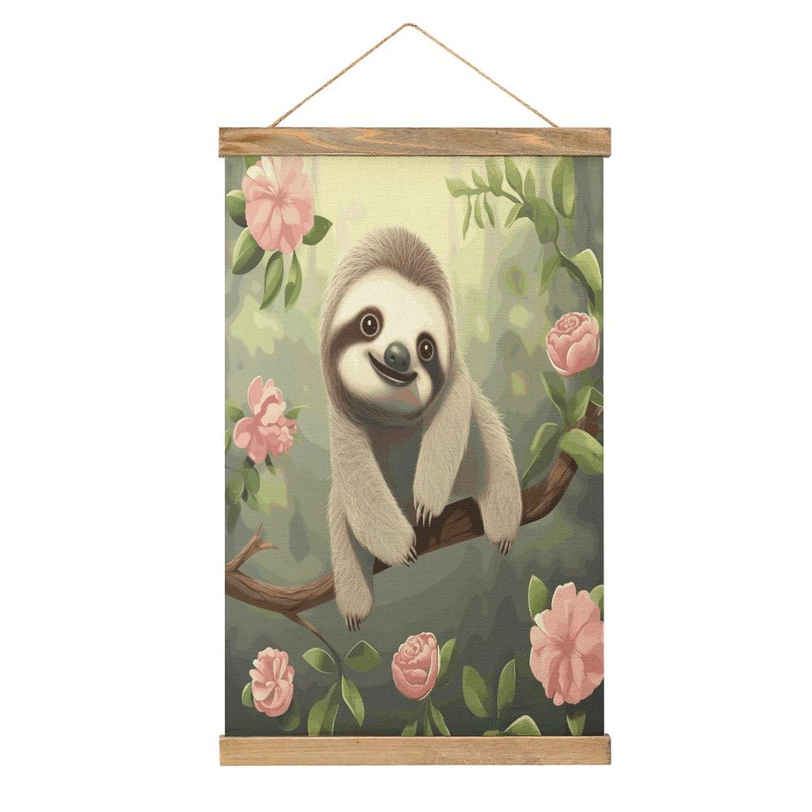 JTREHY Cute Baby Sloth Linen Hanging Painting Vintage Poster Wall Art Prints Personality Style Wall Hanging Poster for Living Room Office Bedroom Decor Frame 13.2 X 20.47 Inch