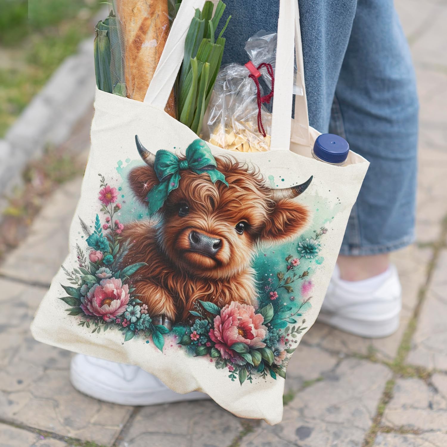 Western Highland Cow Canvas Tote Bag - Highland Cow Lover Gifts,Canvas Shoulder Bag for Women for Girls image 5