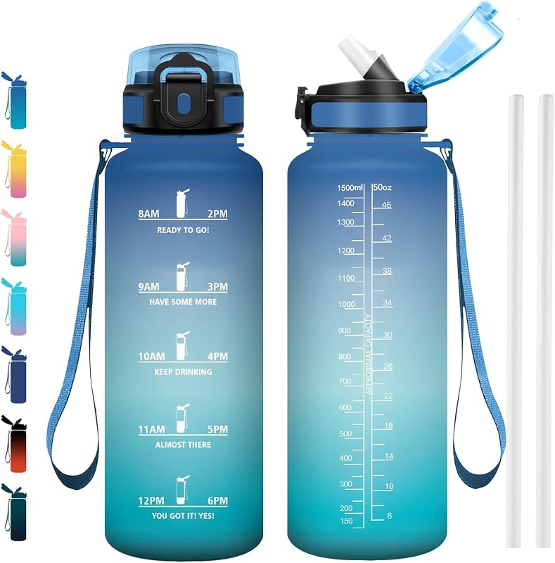 1.5L Water Bottle with Straw, Sports Water Bottles with Time Markers BPA Free for School, Office