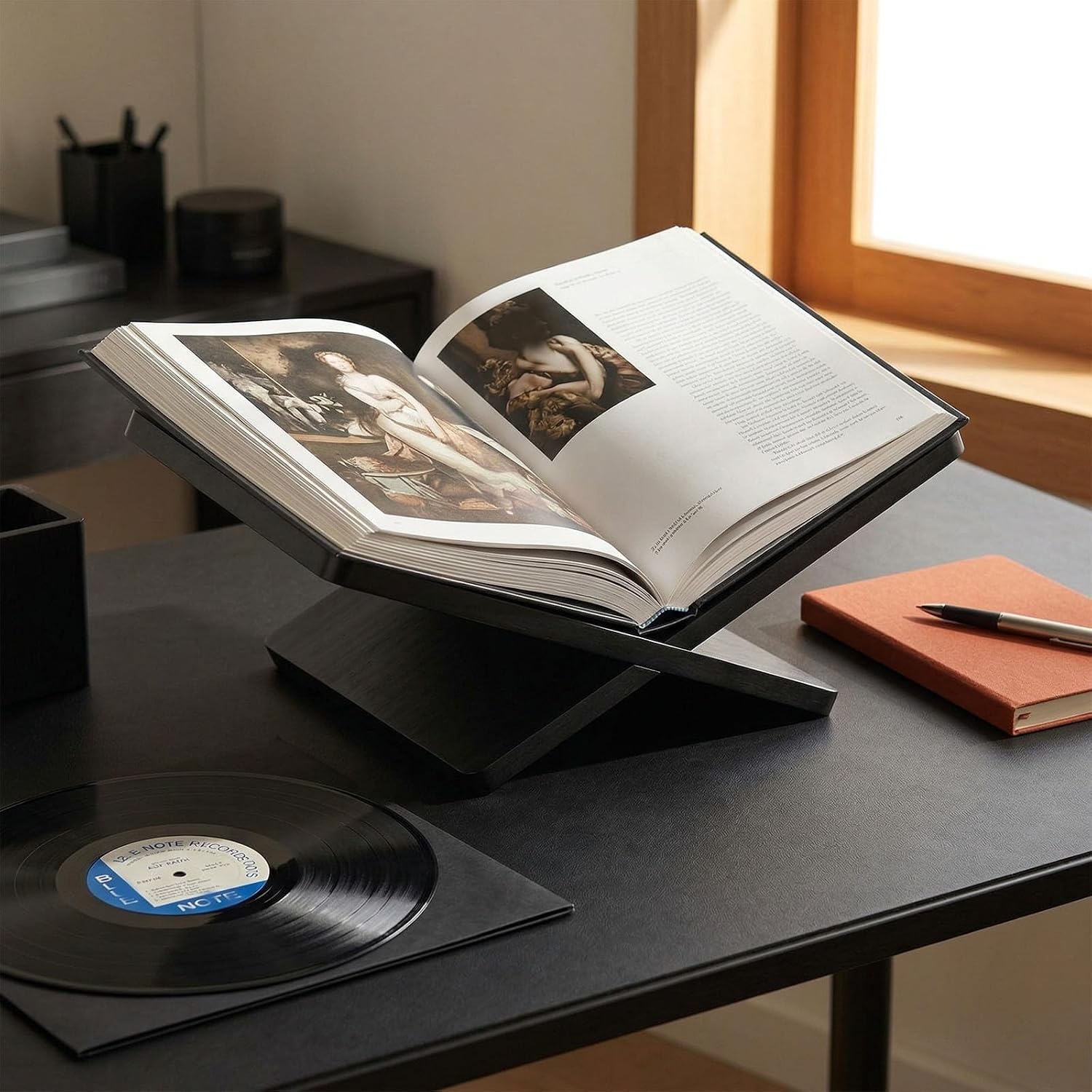 Upgrade Solid Wooden Book Stand for Desktop Display & Reading –12.6" × 9.1" × 7.5" Extra Large Wood Open Book Holder for Cookbook, Bible, Recipe, Art, Textbook, Magazine (Black)