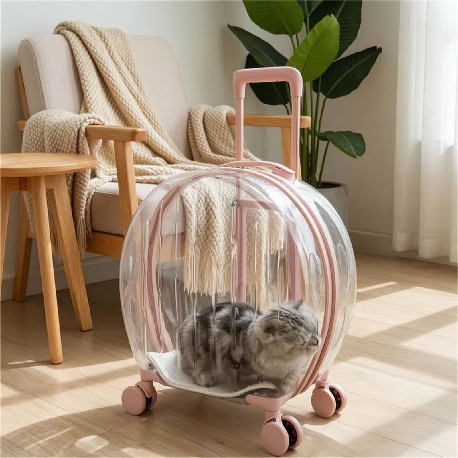 Transportín con Ruedas Rígido Transportín Ventilado para Gatos, Perros Pequeños, Viajes, Verde, Rayas