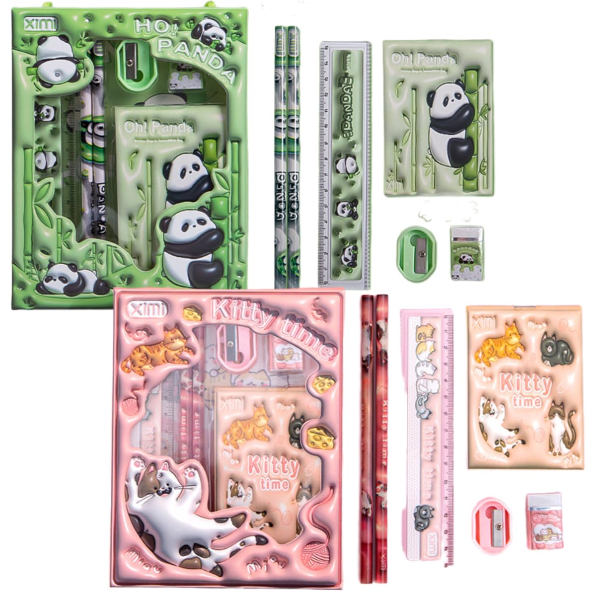 azttior Juego escolar Combino – Incluye lápices, goma de borrar, regla, sacapuntas y mini tijeras, regalo para la vuelta al colegio con dulces suministros escolares (panda, gatos kawaii)