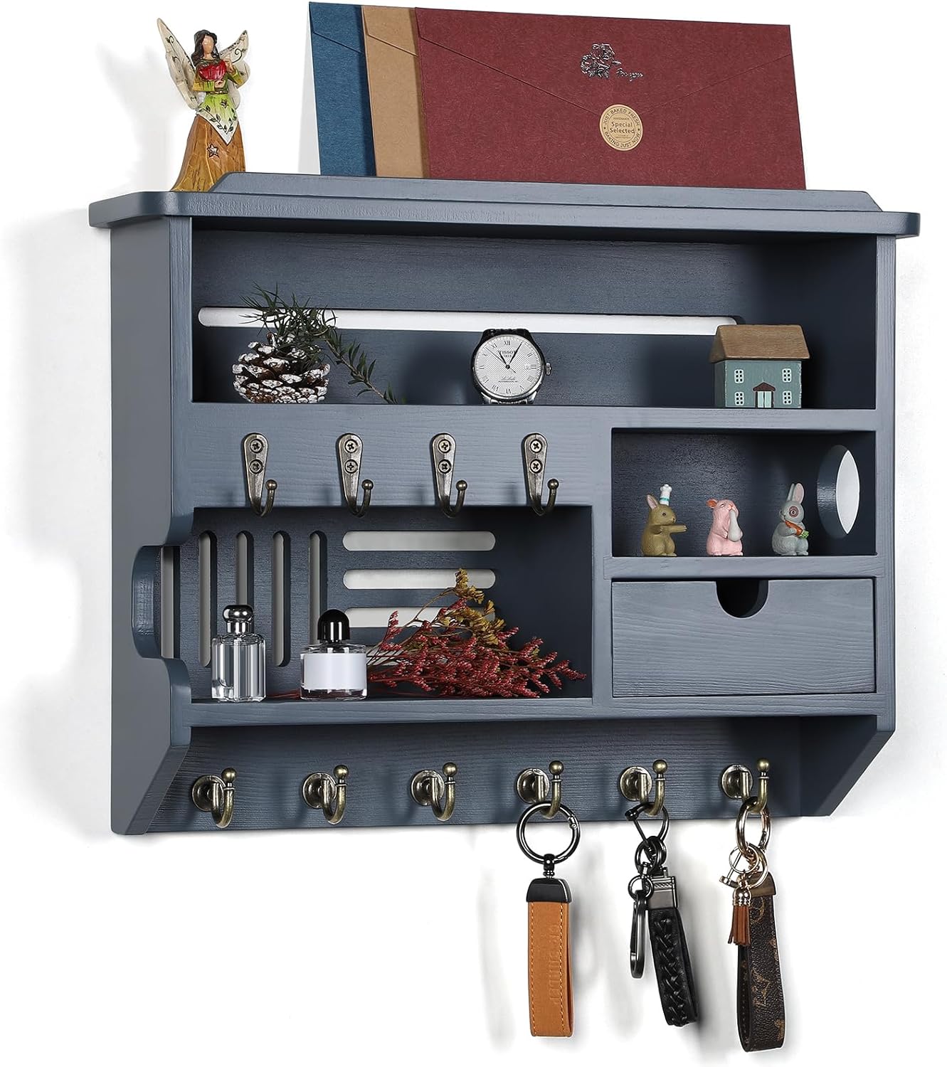 Key Holder for Wall, Key Holder Wall Mount, Mail Organizer Wall Mount with Storage Drawer, Black