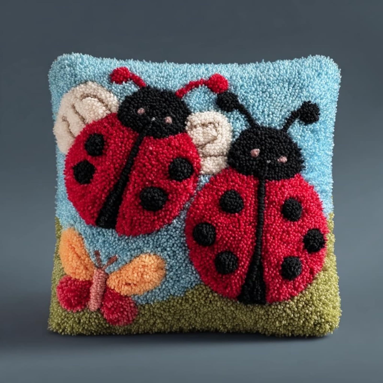 AxiangziK DIY Latch Hook Pillow Kit 43x43cm,Ladybugs with Pre-Printed Canvas - Cushion Craft Kit for Beginners Adult Living Room Decor Gift Idea