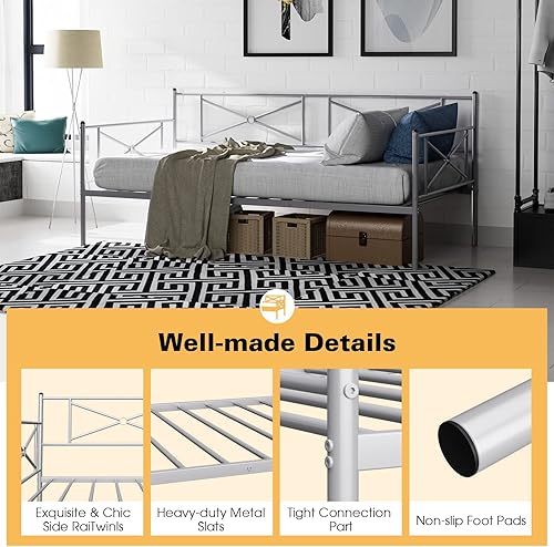 Miniatura 4 de Giantex Marco de sofá cama individual, marco de cama individual de metal con soporte de listones de metal y elegante cabecero, no necesita somier,