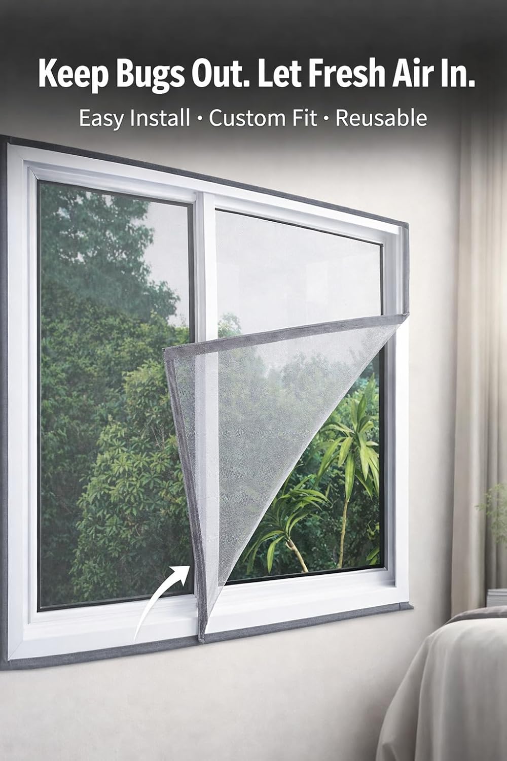 Grey Window Mosquito Net Screen, Gray, Polyester Mesh, Cuttable, with Adhesive Hook and Loop Tape, Easy Install, Removable and Reusable (200cm, 220cm)