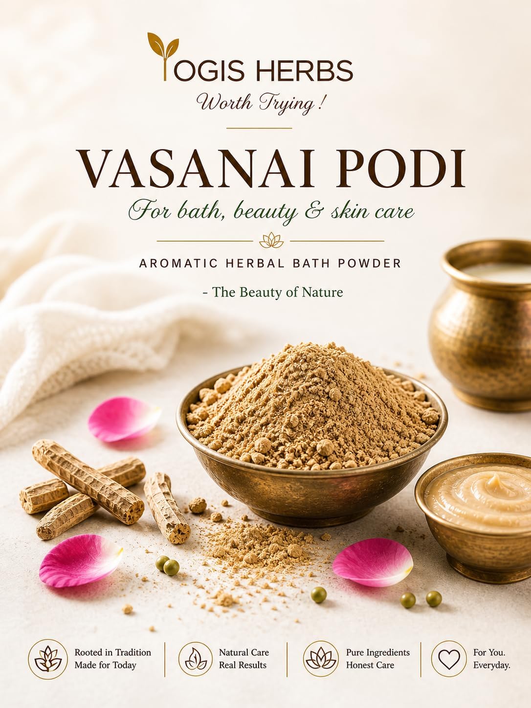 YOGIS HERBS Vasanai Podi — Traditional Tamil Aromatic Bath Powder — Multi-Herb Blend with Kasturi Manjal, Vetiver, Rose & Vasambu — Soap-Free Pre-Bath Ritual for Cooling & Cleansing (200 g / 7.05 oz)