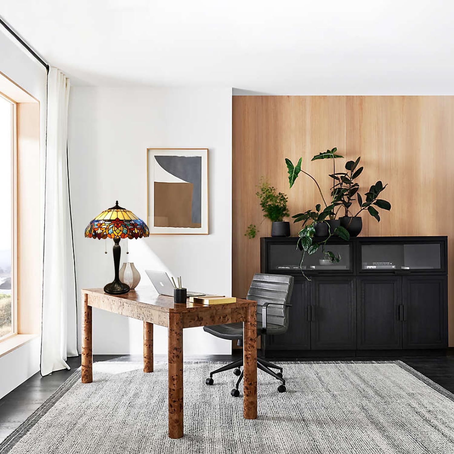 Tiffany Floral Table Lamp 25" Victorian Style Nightstand Reading Lamp 100% Genuine Stained Glass Bedside Lamp for Bedroom Living Room Office Vintage Bronze Finish 11lb, JT1682N