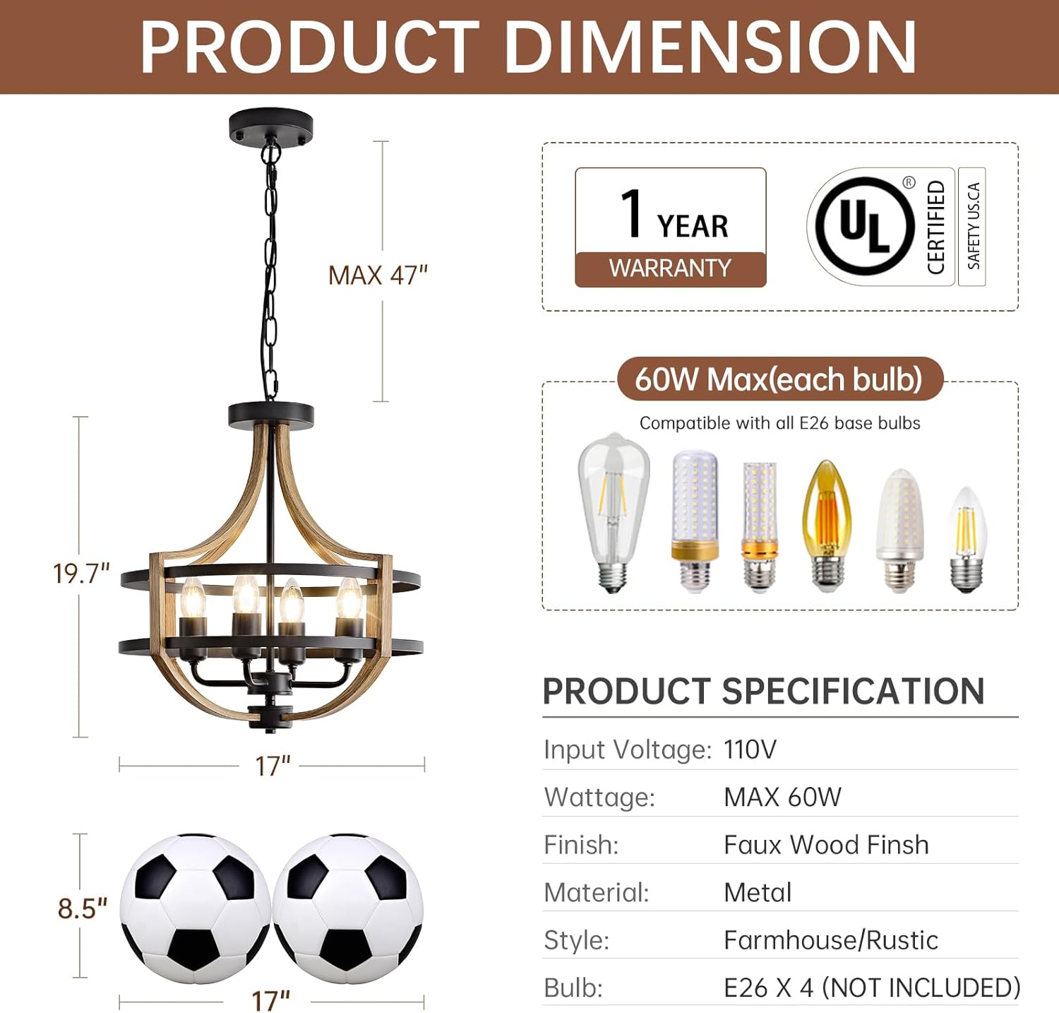 17" Farmhouse Chandelier for Dining Room, 4-Light Rustic Brown Faux Wood Pendant Light Fixtures, Black Frame Foyer Chandelier for Entryway Kitchen Island Bedroom Living Room