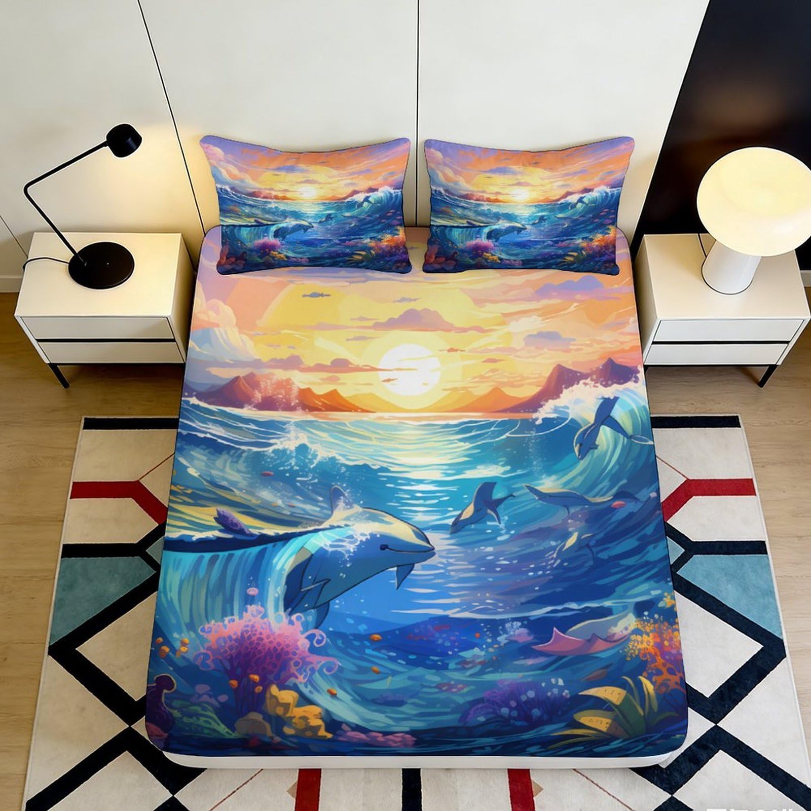 3D Printed Ocean Sunset Fitted Sheet Microfiber Soft Dolphin Mattress Cover for Bedroom Guest Room Decor Protection 90x200x25cm