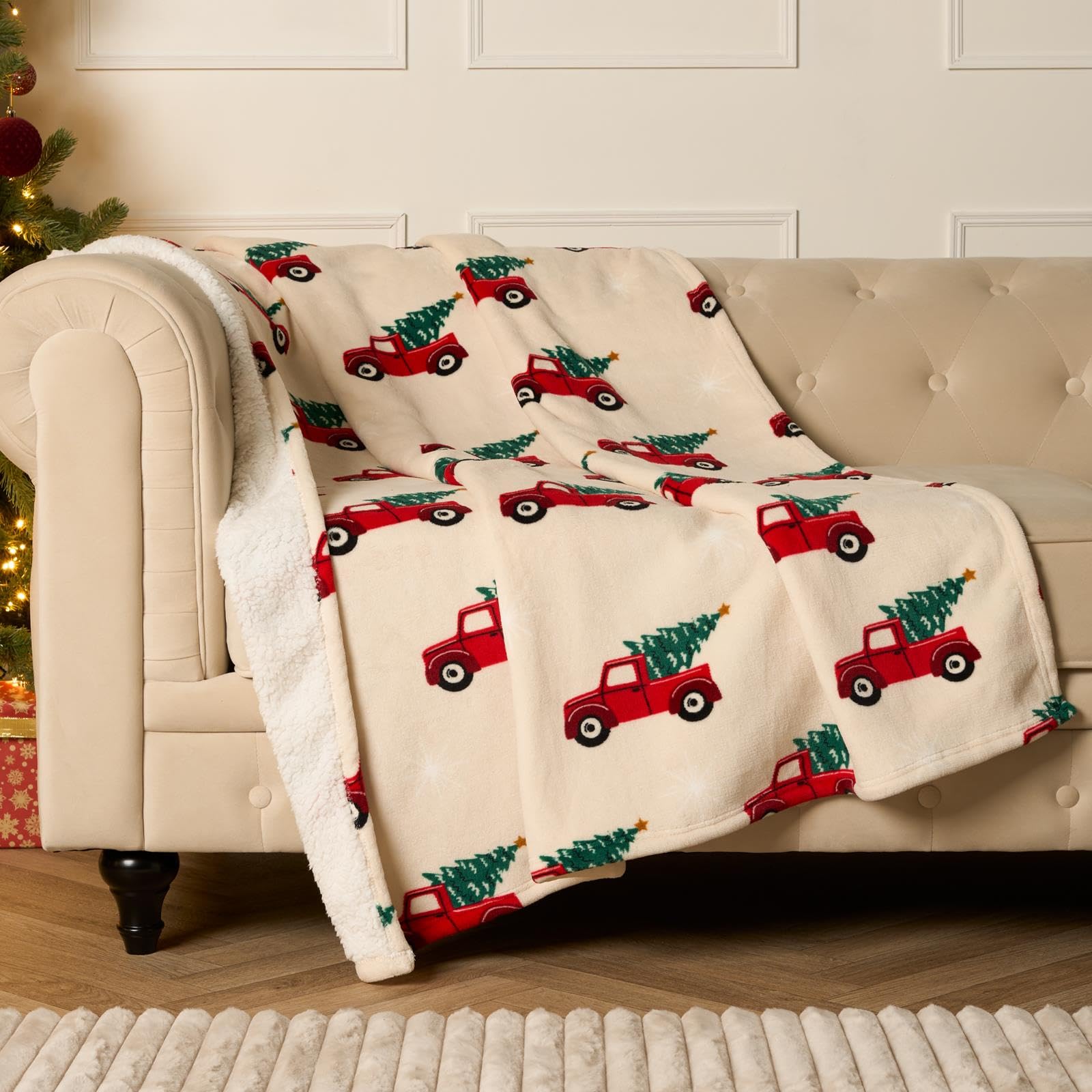 OHS Christmas Blanket Sofa Throw, Christmas Decorations Fleece Blanket for Bed Settees Armchairs Super Soft Warm Sherpa Reversible Single Bed Throw Gifts for Adult Kids, Cream, 125 x 150cm