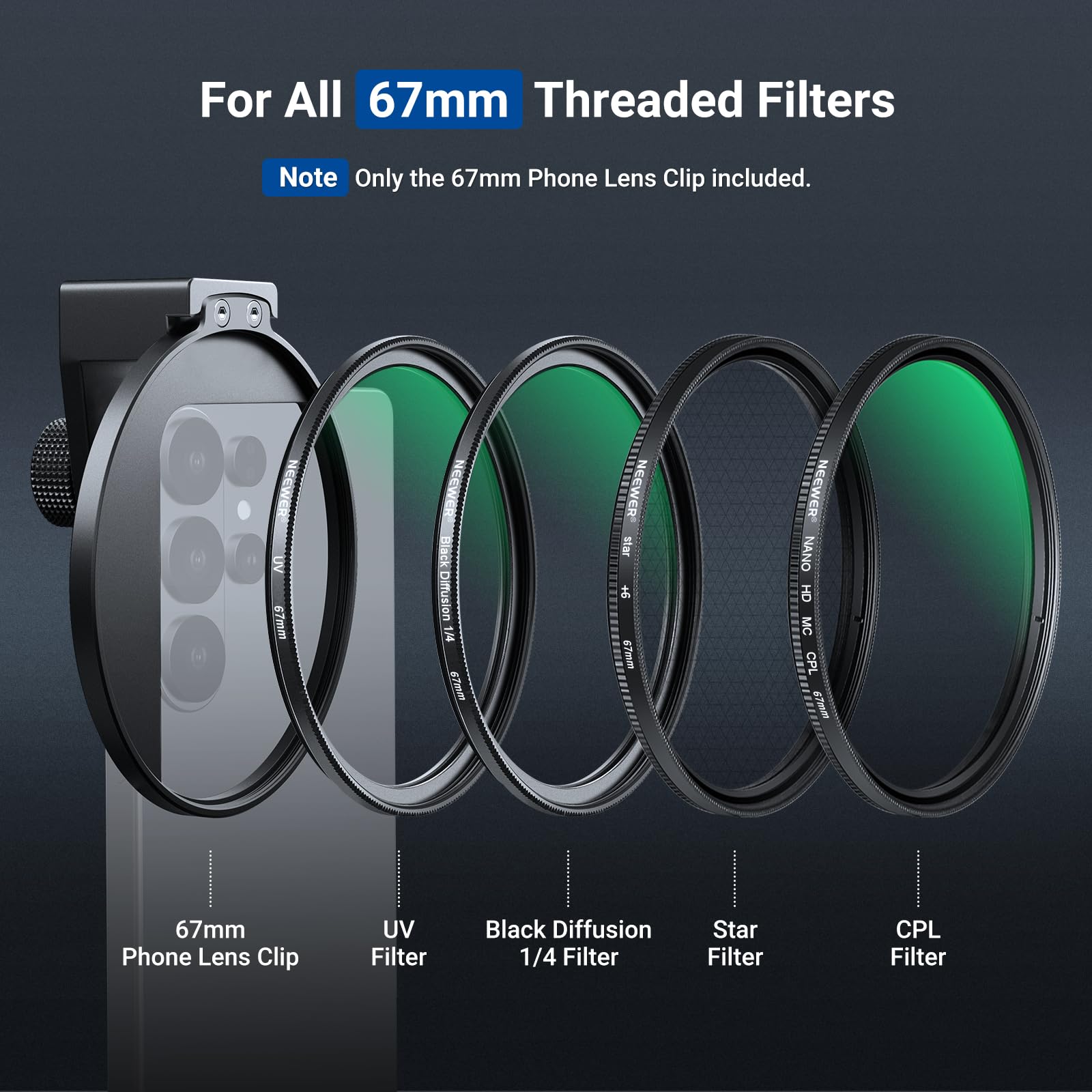 NEEWER Uchwyt filtrujący do telefonu komórkowego 67 mm, uchwyt na filtr Cold Shoe Mount Filtr, zacisk, smartfony, akcesoria fotograficzne, kompatybilny z iPhone 17 Pro Max 16 Pro Max Air 17e 16e