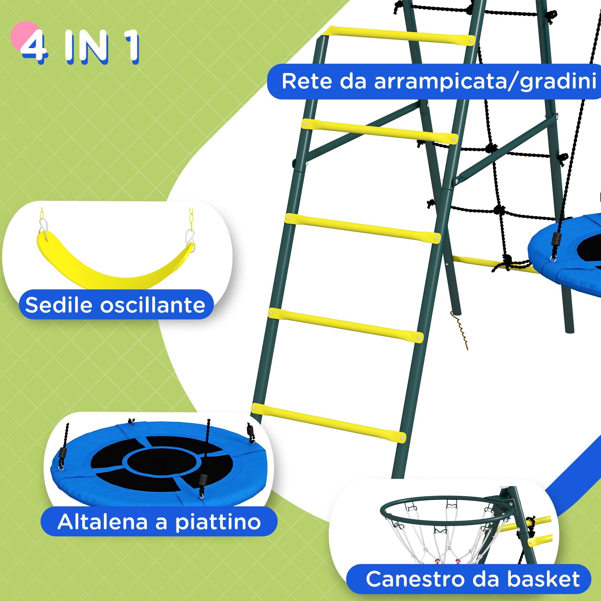 Outsunny Set Altalene da Giardino per Bambini con Scaletta, Giochi da Esterno per Bambini 3-8 Anni con Altalena Rotonda e Classica, Scale e Canestro