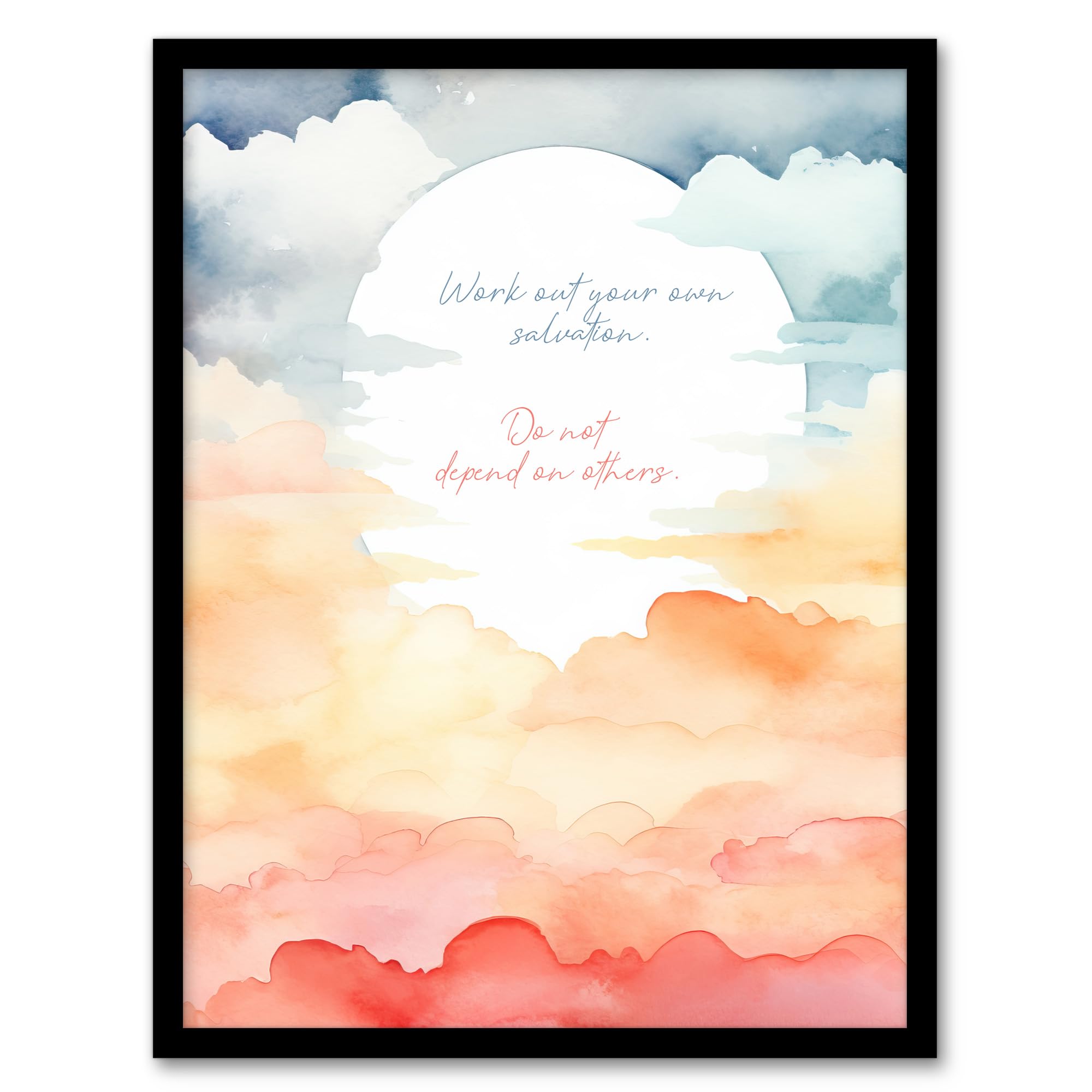 Artery8 Your Own Salvation Buddhist Mindfulness Quote Watercolour Sun Through Clouds Buddha Meditation Enlightenment Vihara Artwork Framed Wall Art Print 18X24 Inch