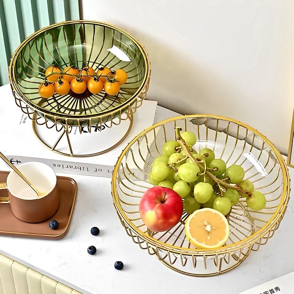 Dreamhousey Transparent PET base fruit platter gold stand metal frame snack dessert tray plate, home creative modern living room fruit bowl stand (Transparent)