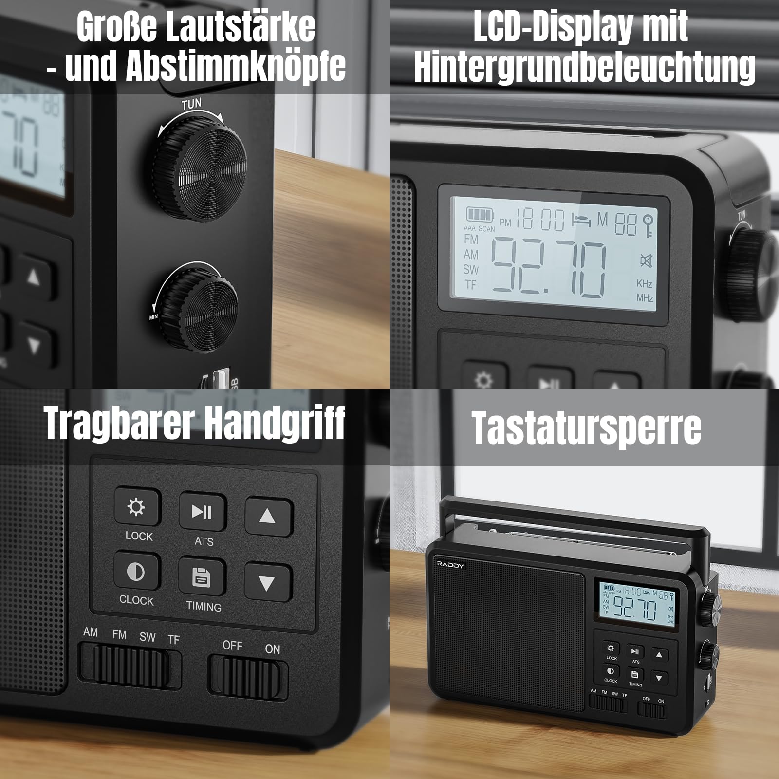 Raddy RF206 Tragbares Kurzwellenradio, Digitalradio, AM/FM-Empfänger, 8W-Lautsprecher, LCD-Display, Unterstützung für BT/TF-Karte/USB-Wiedergabe, AC/AA-Batteriebetriebenes Radio für Zuhause
