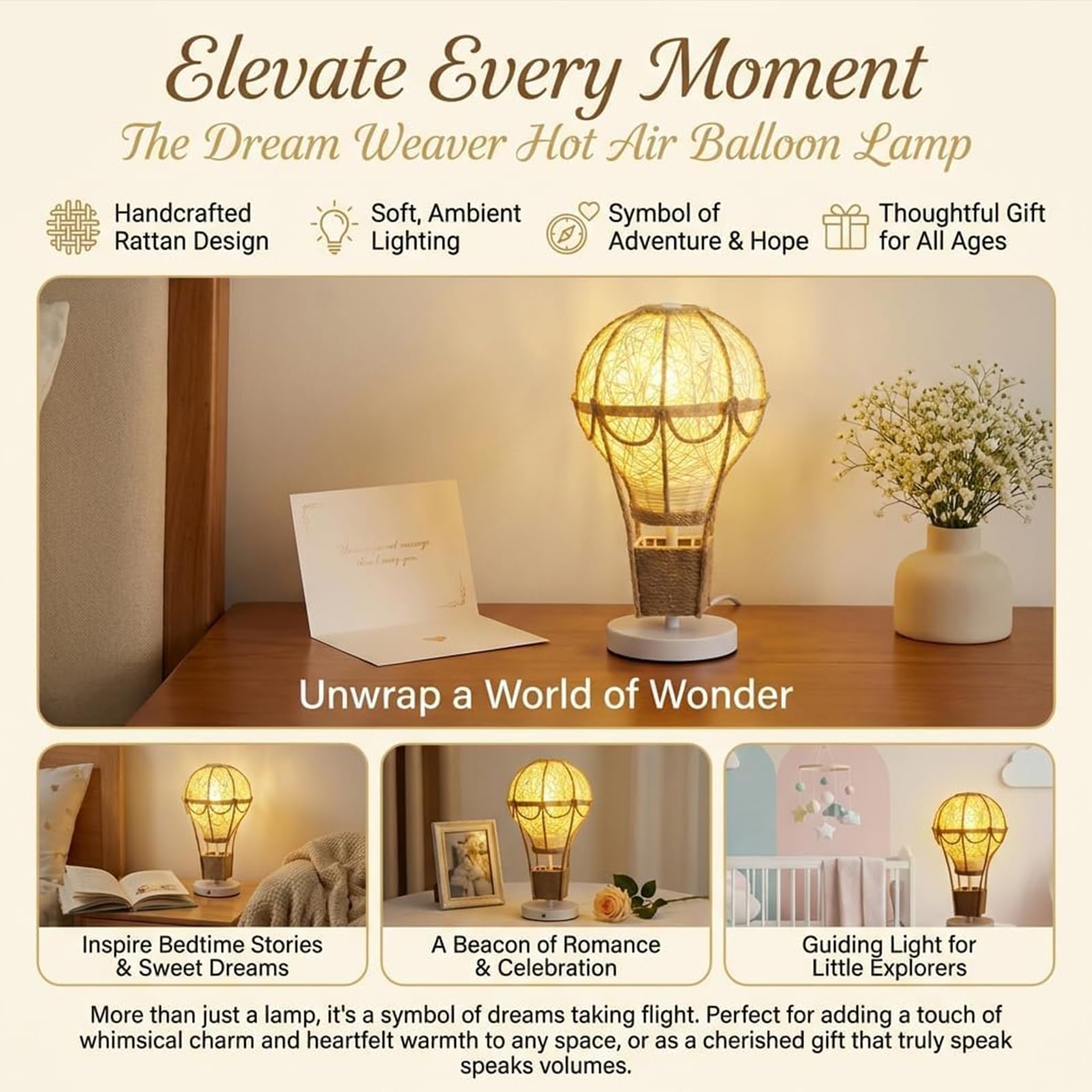 Lampada a Mongolfiera in Rattan e Canapa, Luce Calda Diffusa, Decorazione Boho Unica e Romantica per Camera e Soggiorno