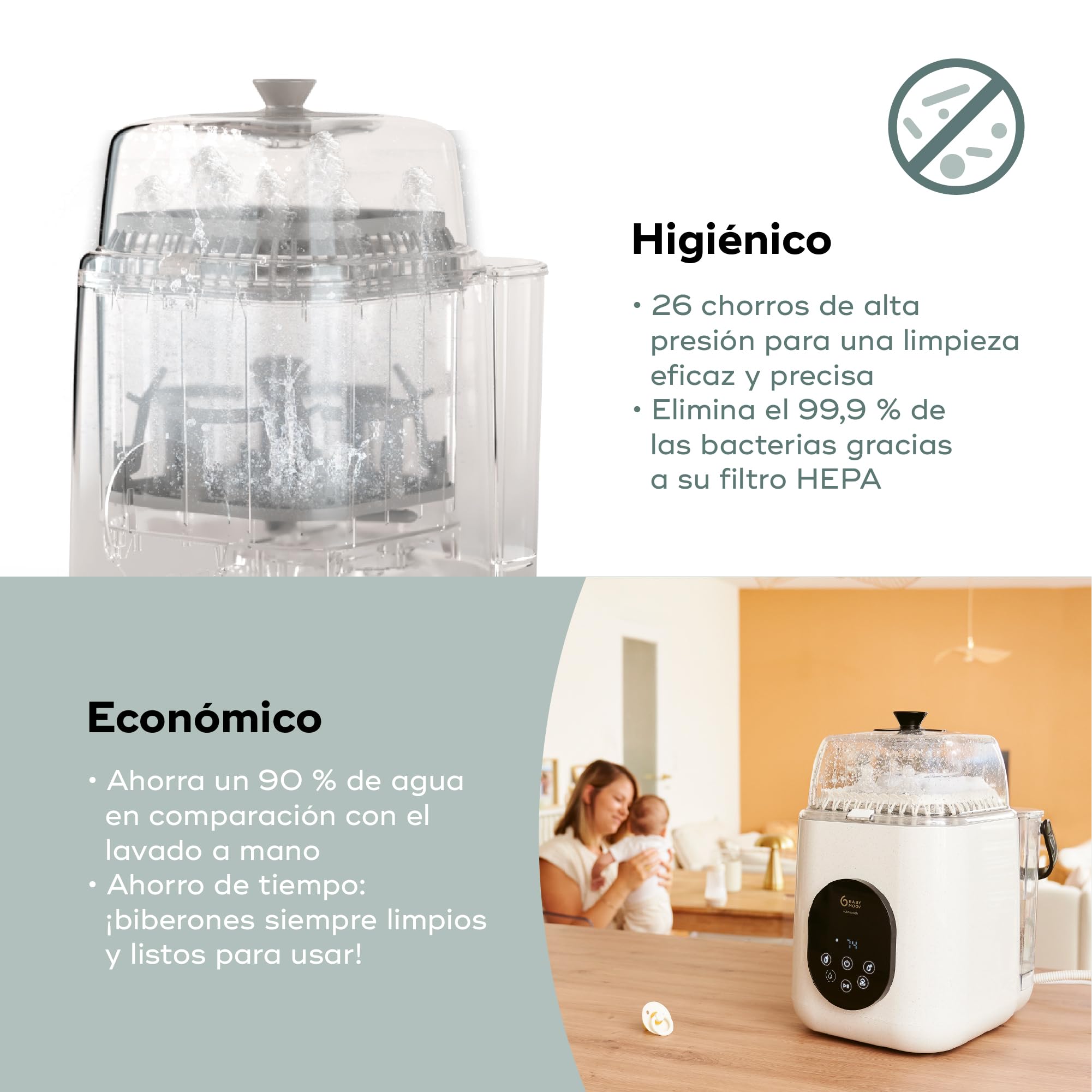 Babymoov Lavabiberones eléctrico NutriWash - Lava, esteriliza, seca y almacena - 11 programas rápidos a partir de 19 min - Compatible biberones y accesorios - Pantalla táctil - Garantía de por vida